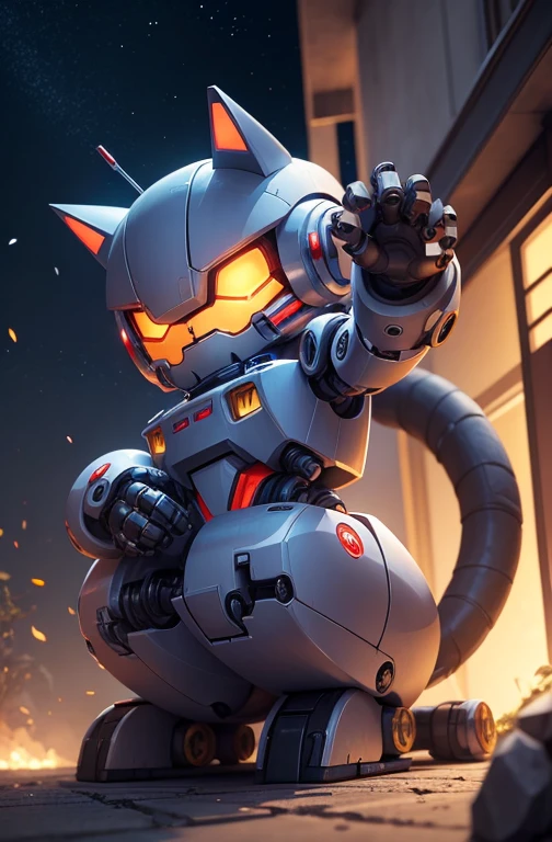 a cute mecha, robot cat, mecha, no humans, action pose, night cty