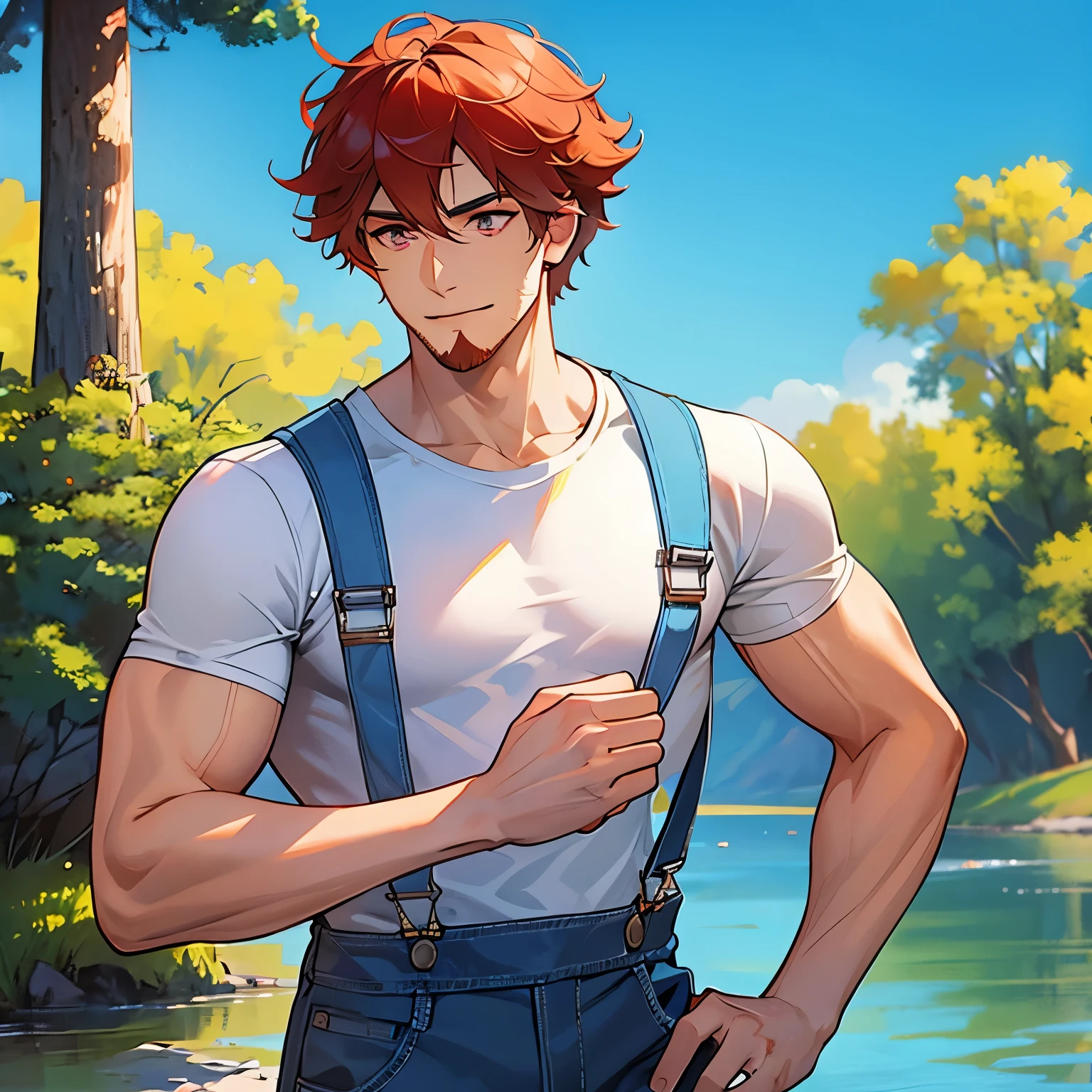 
(masterpiece), 1boy, best quality, expressive eyes, perfect face, muscular and adult Man, red hair BREAK messy hair, short hair BREAK beard, pink eyes BREAK light smile, yellow shirt BREAK blue overalls BREAK lake, forest, standing, outdoors, forest, lake, blue sky, upper body 
