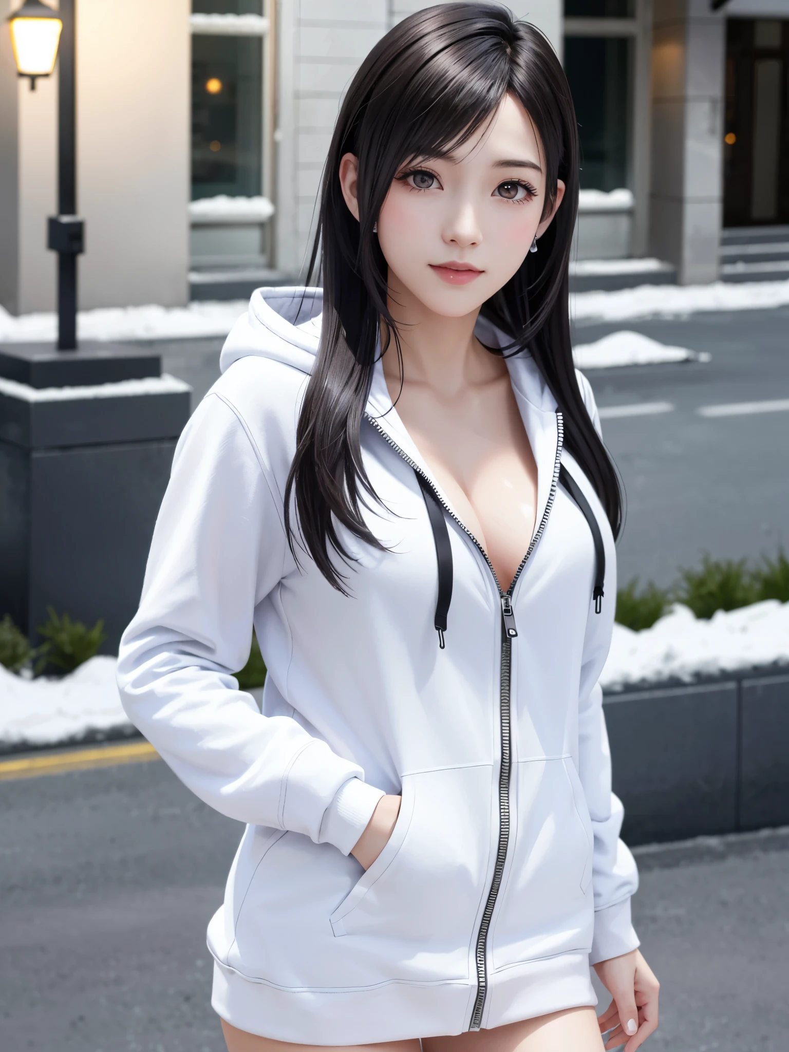 (top quality, masutepiece: 1.1), (Realistic: 1.3), BREAK (((FF7,Tifa_lockhart))),(solo,Tifa:1.2),(oversized large white hooded hoodie:1.3,long sleeve:1.2,shirt dress:1.3) ,(japan,sibuya,city, outdoor,hard snow:1.2,mid-night ,neon ,soft light),(gravure pose:1.1,nogizaka idol),Ultra-detailed face, Detailed eyes,Red eyes, BREAK (((FF7,Tifa_lockhart))),(black brown hair, Large breasts: 1.0), BREAK (no bra),(no panties),About 18 years old,kawaii,shy:1.1,meeting up for a date,waiting,cowboy shot, In the snow,Snow falls