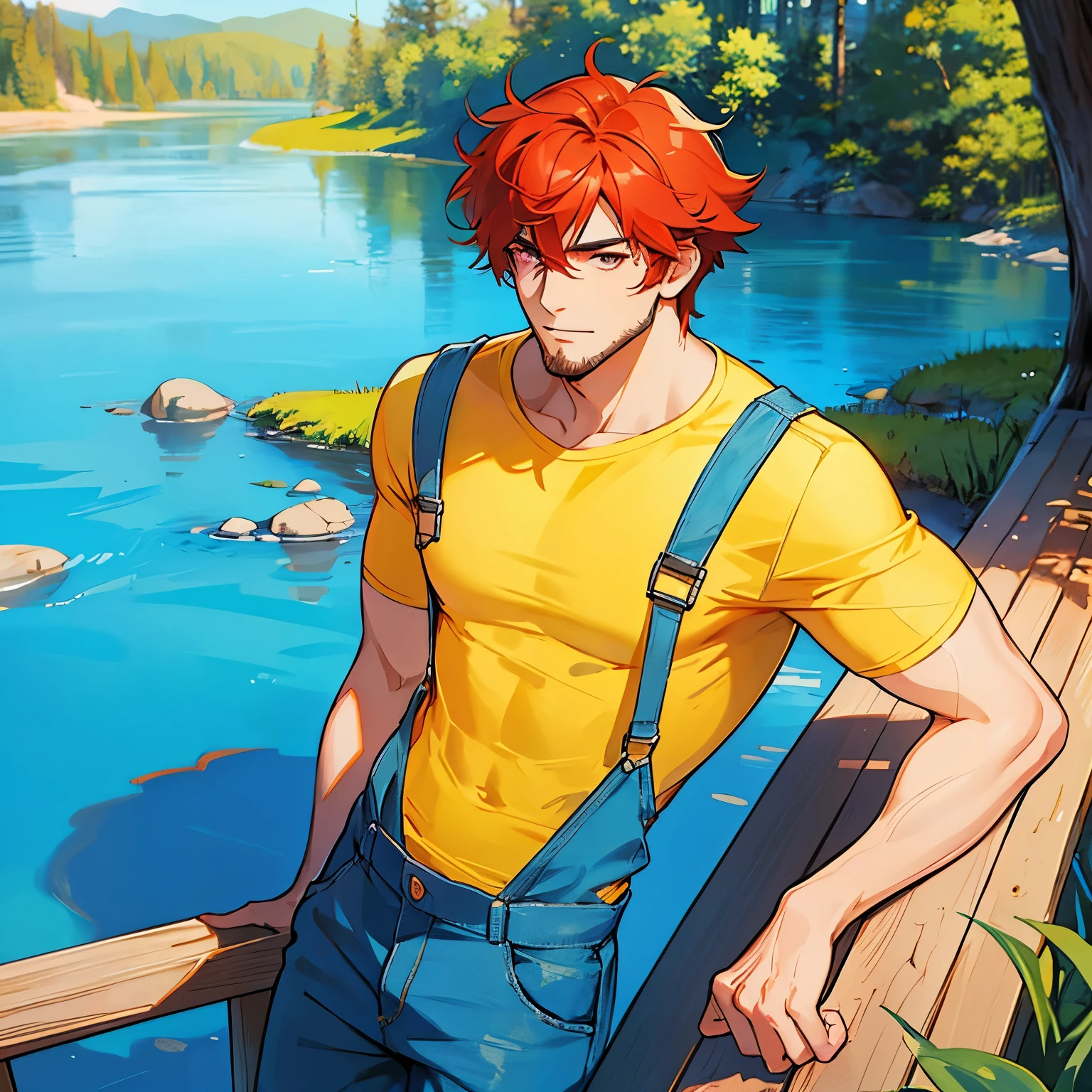 
(masterpiece), 1boy, best quality, expressive eyes, perfect face, muscular and adult Man, red hair BREAK messy hair, short hair BREAK beard, pink eyes BREAK light smile, yellow shirt BREAK blue overalls BREAK lake, forest, standing, outdoors, forest, lake, blue sky 
