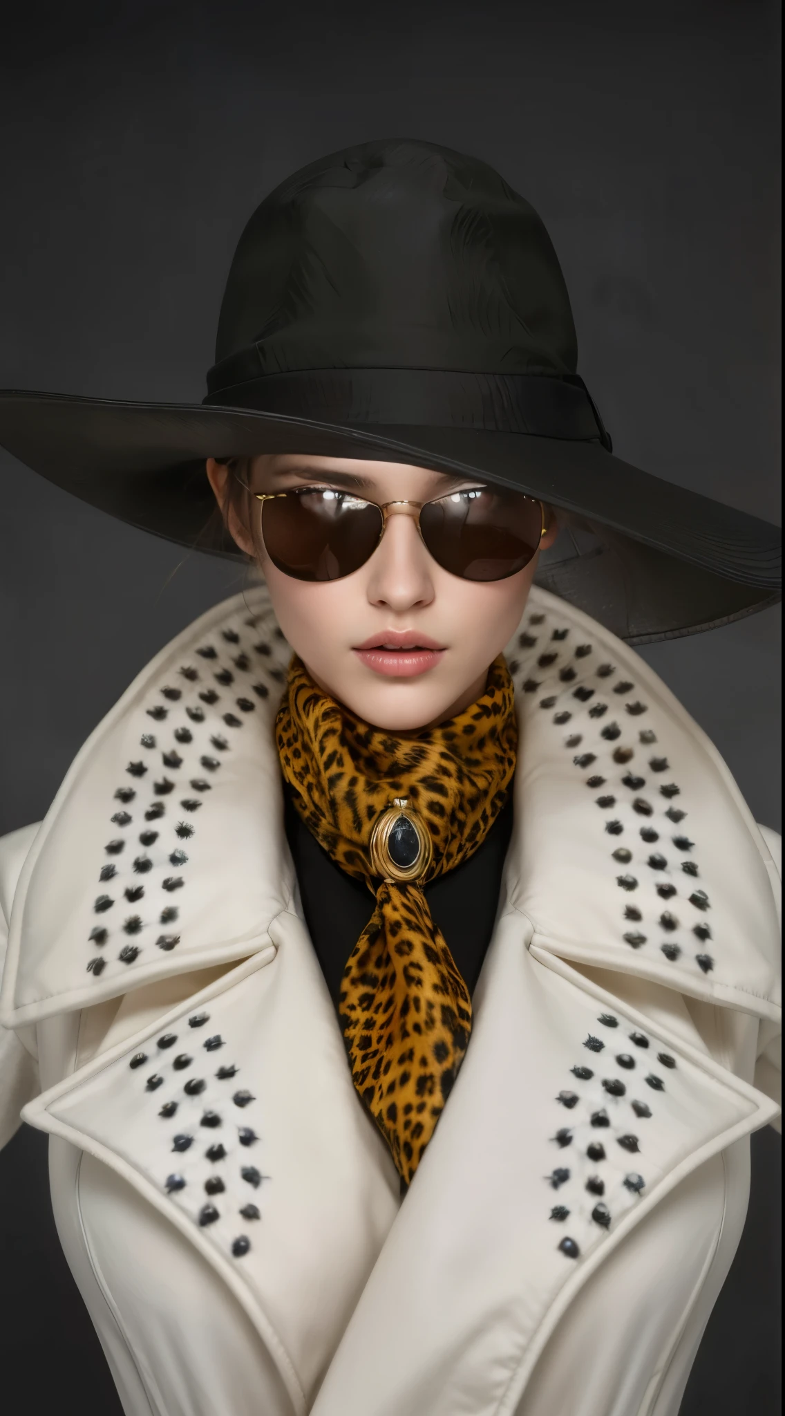(masterpiece),(best quality:1.0),(ultra highres:1.0), sexy girl, detailed beautiful, hat, lenses, scarf , coat with decoration, skinny, wallpaper 8k, full body