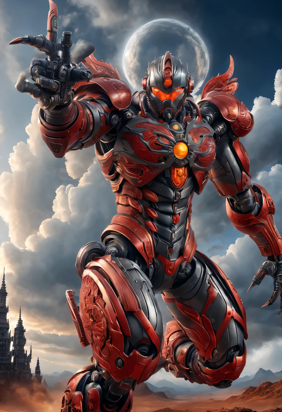 whole body, (中国of一名身穿机甲of战士 "storm red" shooting), (Wearing a zoom telescope on your head), Mecha Warrior is about 8 meters tall, 手里拿着巨大of. He was burly, and his whole body is made of dark gray superalloy 上面刻有复杂of线条和图案. （This mecha has three arms：1.3）, Each machine is equipped with titanium alloy hard rotating blades, 它是经过精心设计和制造of人造肌肉组织, 具有非凡of实力. Height about 8 meters，魁梧of体格. 它of整个机身由深灰色高温合金制成, 上面刻有复杂of线条和图案. 它of脚上装有耐化学腐蚀of装置, 它of腿后面有化学推进器,
futuristic future, Ice Age, of, nuclear, Orbiting, space, vein, hyper reality hyper reality,
破碎of金属, cyberpunk, atom punck, volcanic ash, realism, Sunset, Light, 逼真of照片, studio photography, human development report, 8k, personification, portrait, 史诗般ofLight, Light线追踪, Canon EOS 5D Mark III, 85mm, Volumetric Lighting, look up,
background：巨浪翻滚of大海，hurricane