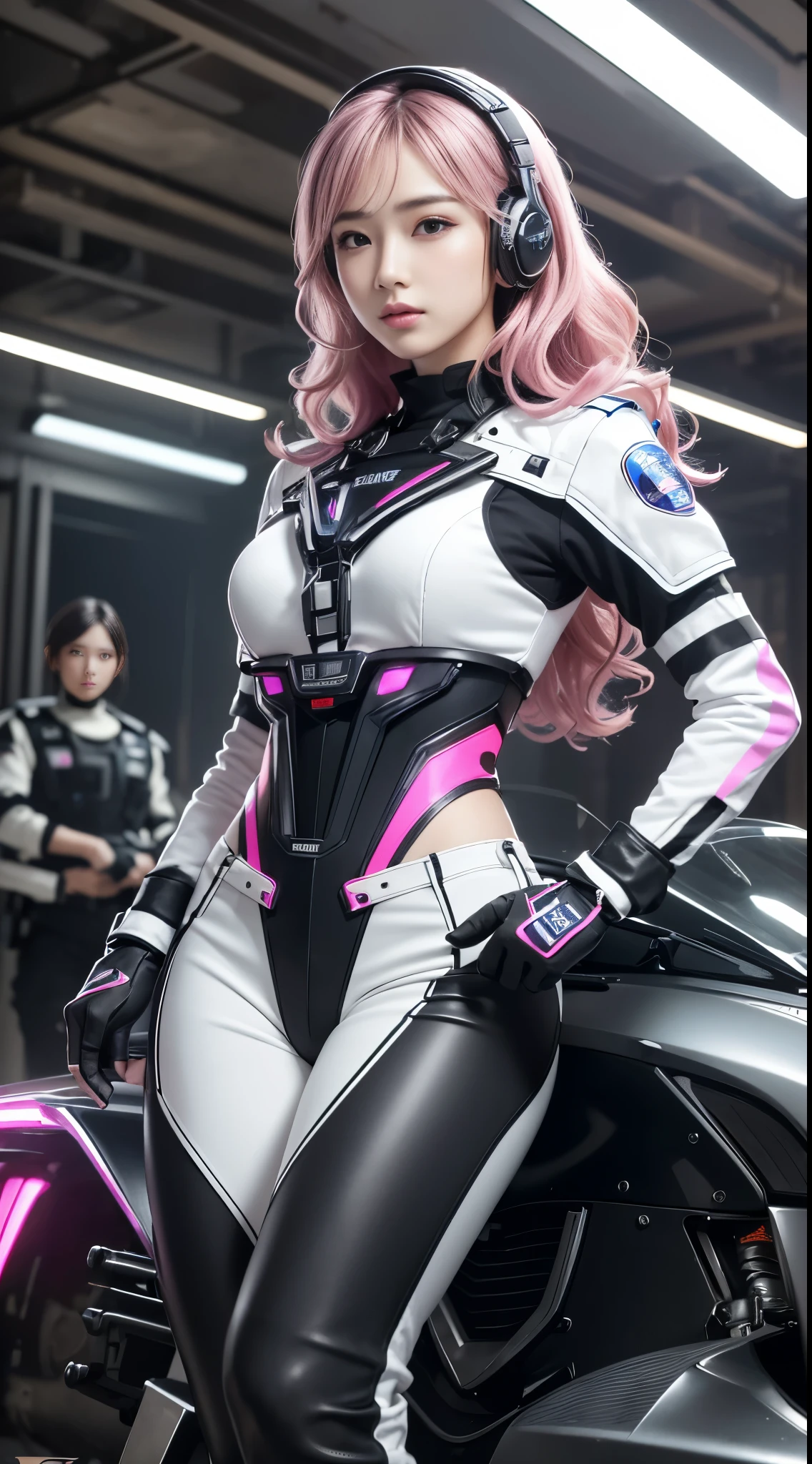 Top Quality, Ultra High Definition, (backlight), (Photorealistic: 1.4), (front shot:1), 1 Beautiful Girl, (Kpop Idol), Detailed Face, (Hair Style: Pink:1, fullbang, wavy-hairstyle:1), Contrapposto, Perfect Anatomy, muscular and plump:0.5, wavy hair, Natural Lighting, ((wearing Futuristic Police Racing Suits, police wappen, High-tech Headset, military harness, racing gloves, handgun)), outside honey wavy hairstyle, (Cloths colors based on silver pink black white), (background, crashed abandoned machines, smokes, indoor space),
