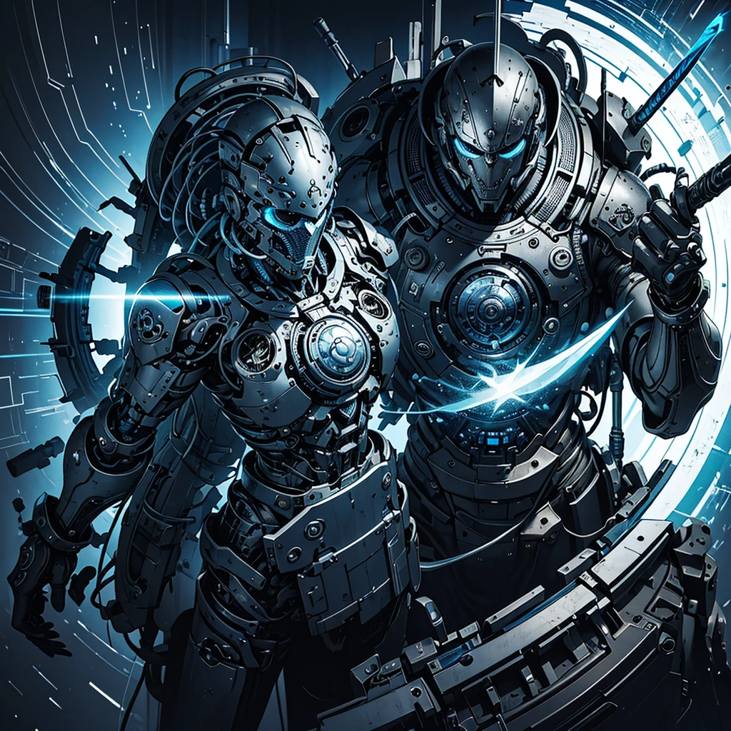 silver black blue tone,true,glowing,Realistic cool hip hop style,A man covered in machines,half face machine,Holding sword and gun,Mechanical Warrior,Extremely intricate details,best quality,masterpiece