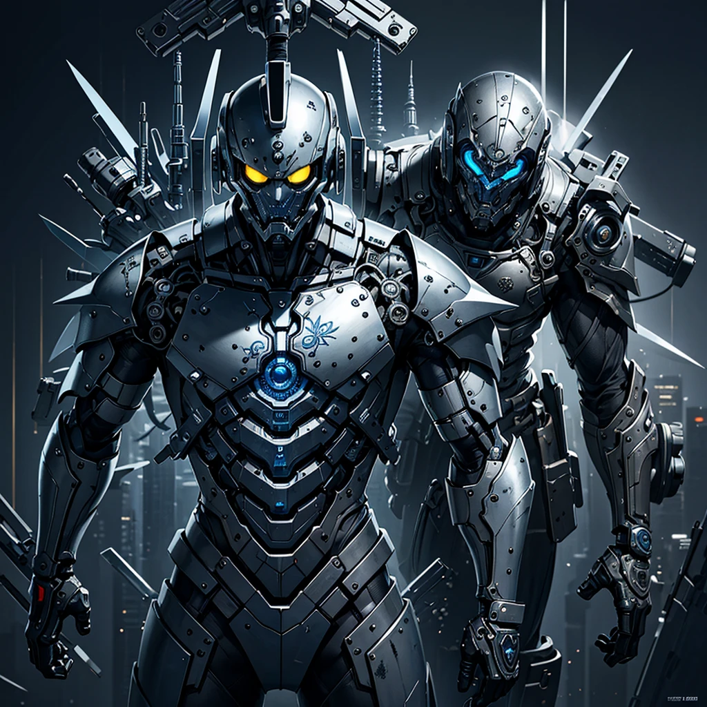 silver black blue tone,true，glowing，Realistic cool hip hop style，A man covered in machines，half face machine，Holding sword and gun，Mechanical Warrior，Extremely intricate details，best quality，masterpiece