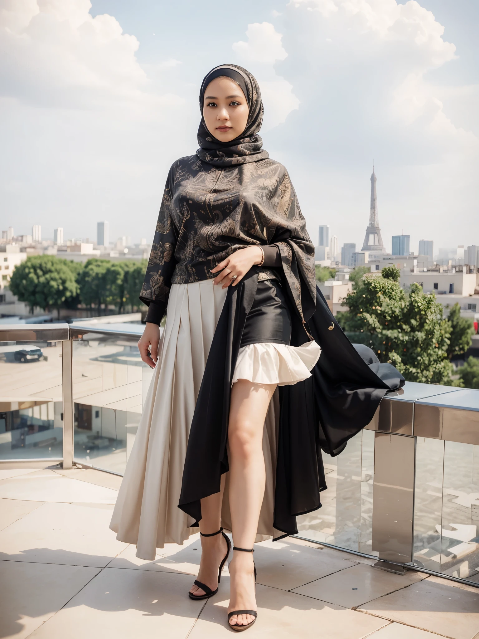 (masterpiece), best quality, malaysian woman,((35 years)), plump, wearing hijab, Masterpiece: 1.3, wearing pearl hijab, long skirt, heels, Masterpiece, Paris view background, bokeh,