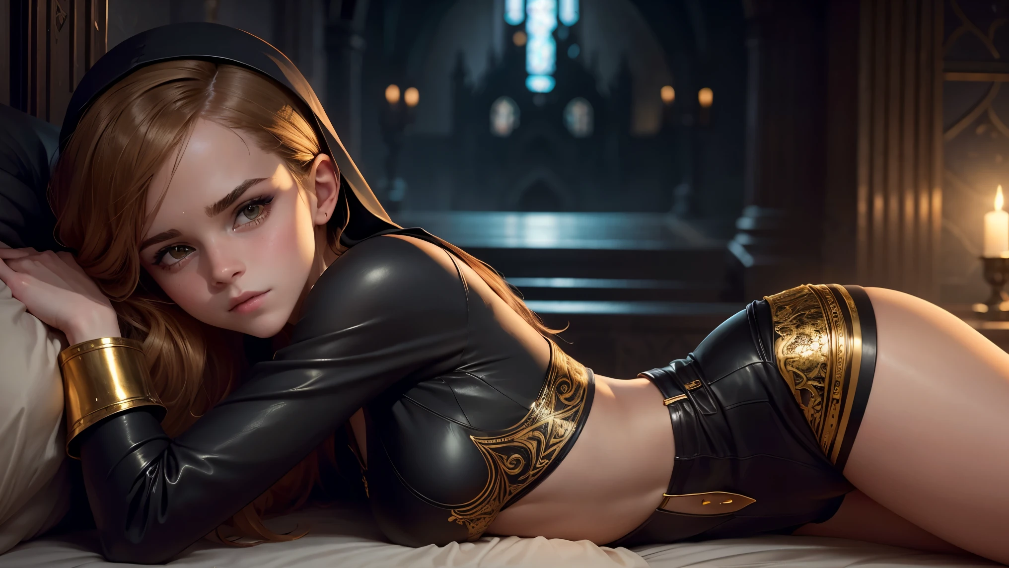 "teen emma watson in a seductive nun outfit lying on a bed. tight and intricate gold short dress. crop top. slender physique. night-time cathedral backdrop. leather shorts. cinematic lighting."