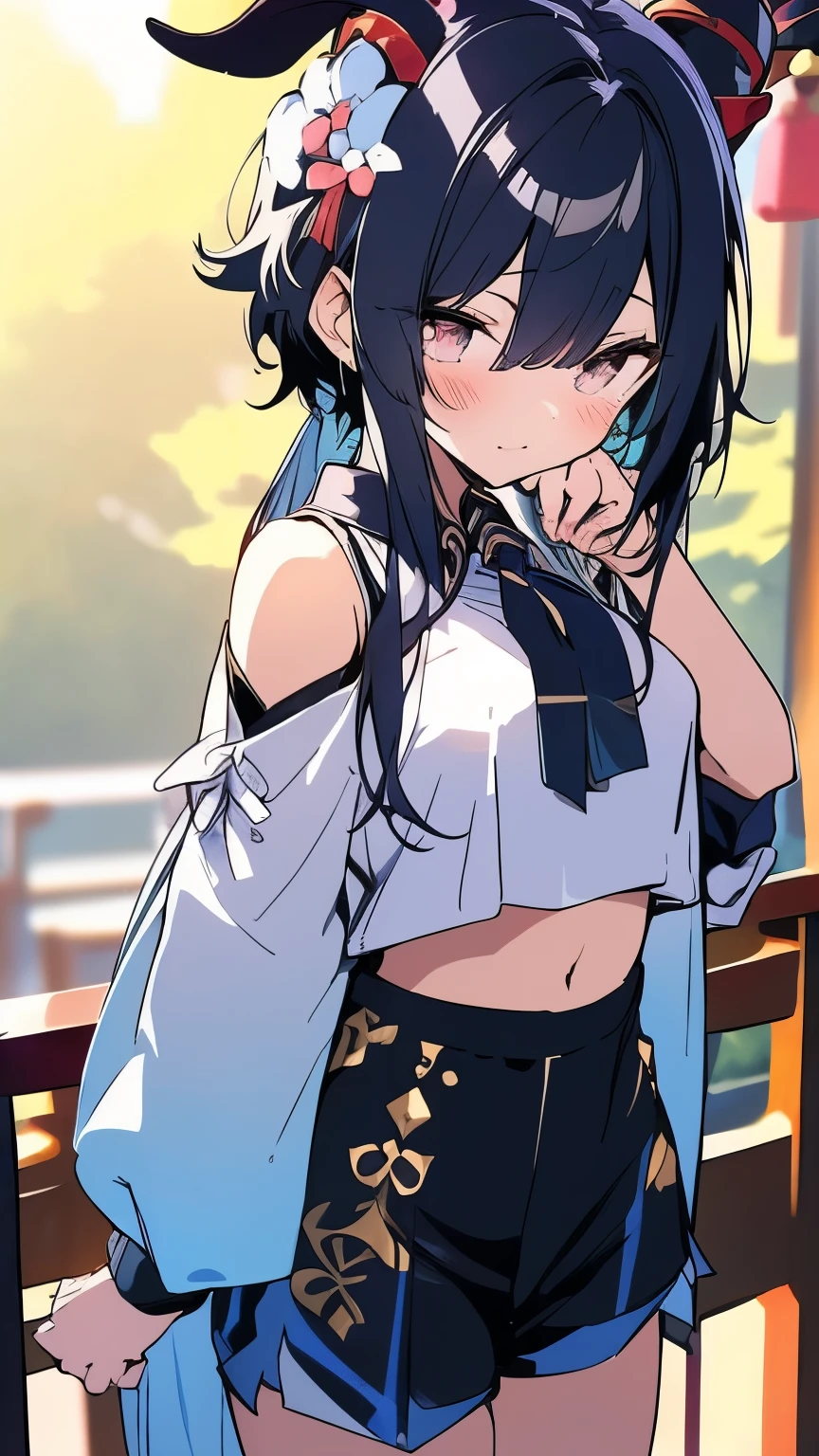 masterpiece, best quality, 1girl, ganyu (genshin impact), sexy body ,Goat horns , blue eyes, stocking, blue hair, solo, symbol-shaped pupils, long hair - Long Blue Gradient with Trimmed Bangs,bangs, black shorts , chinese clothes,