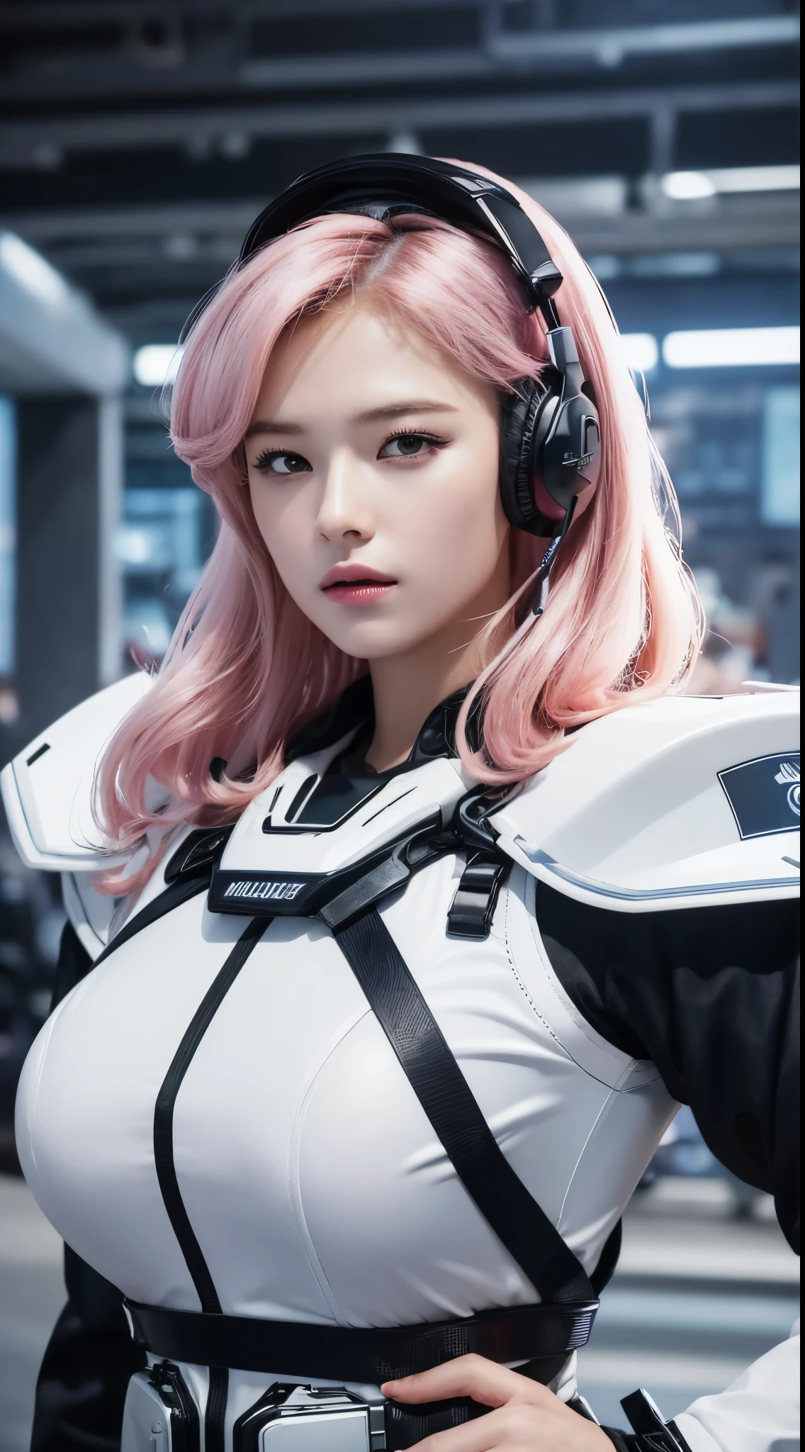 Top Quality, Ultra High Definition, (backlight), (Photorealistic: 1.4), (front shot:1), 1 Beautiful Girl, (Kpop Idol), Detailed Face, (Hair Style: Pink:1, fullbang, wavy-hairstyle:1), Contrapposto, Perfect Anatomy, muscular and plump:0.5, wavy hair, Natural Lighting, ((wearing Futuristic Police Racing Suits, police wappen, High-tech Headset, military harness, racing gloves, handgun)), outside honey wavy hairstyle, (Cloths colors based on silver pink black white), (background, crashed abandoned machines, smokes, indoor space),