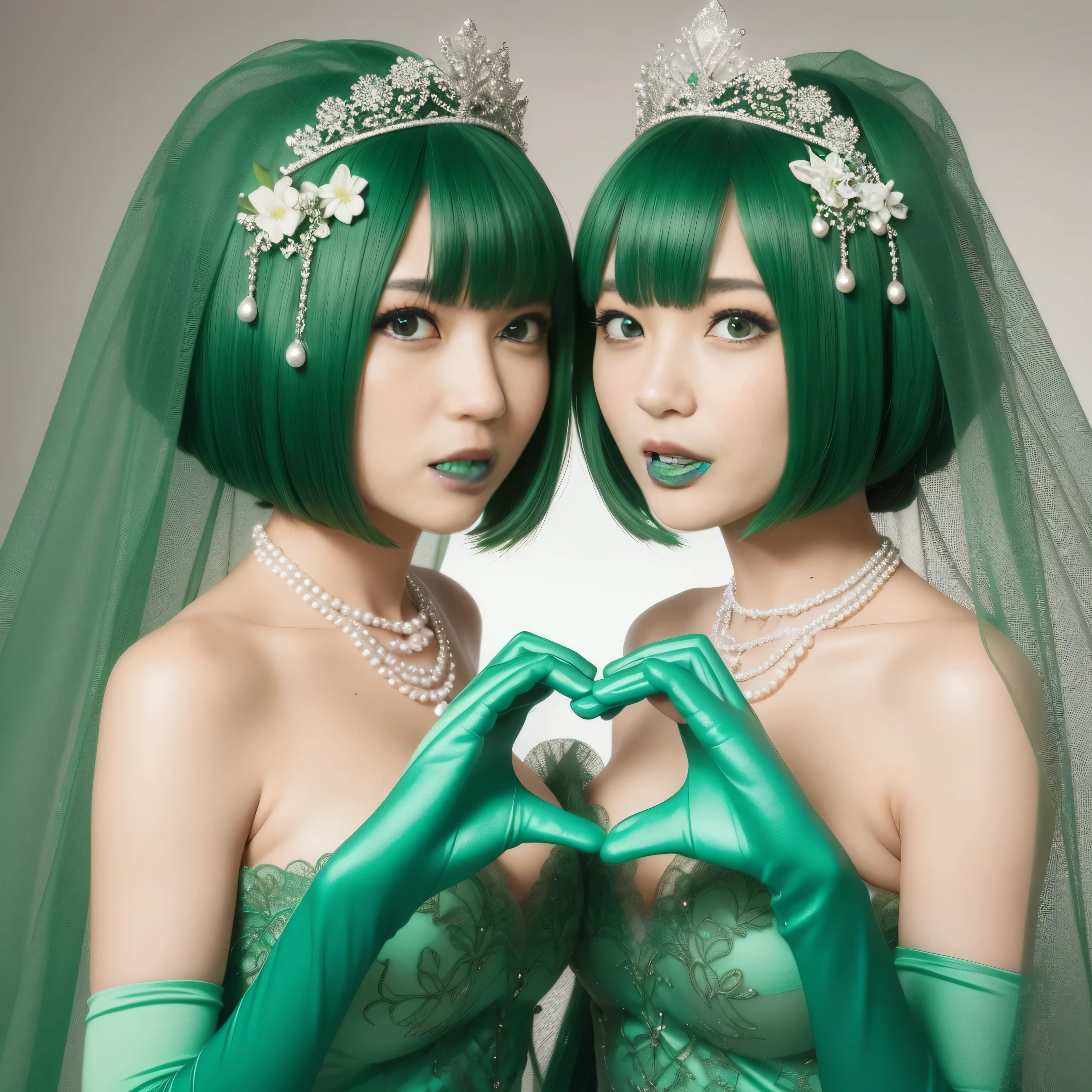 High resolution、Super detailed、(1 girl:1.3), 教会でkissをする二人の女性, Green Satin Long Gloves, Green Wedding Dresses, Green shorthair, lipstick, kiss, bride, green pearl necklace, ボーイッシュなGreen shorthair, lesbian、口から口にkiss, High quality film stills, Sexy lesbian couple make, Passionate, Green dress, Green Bridal Veil, green pearl necklace, heart with both hands, heart shaped hand, big breasts