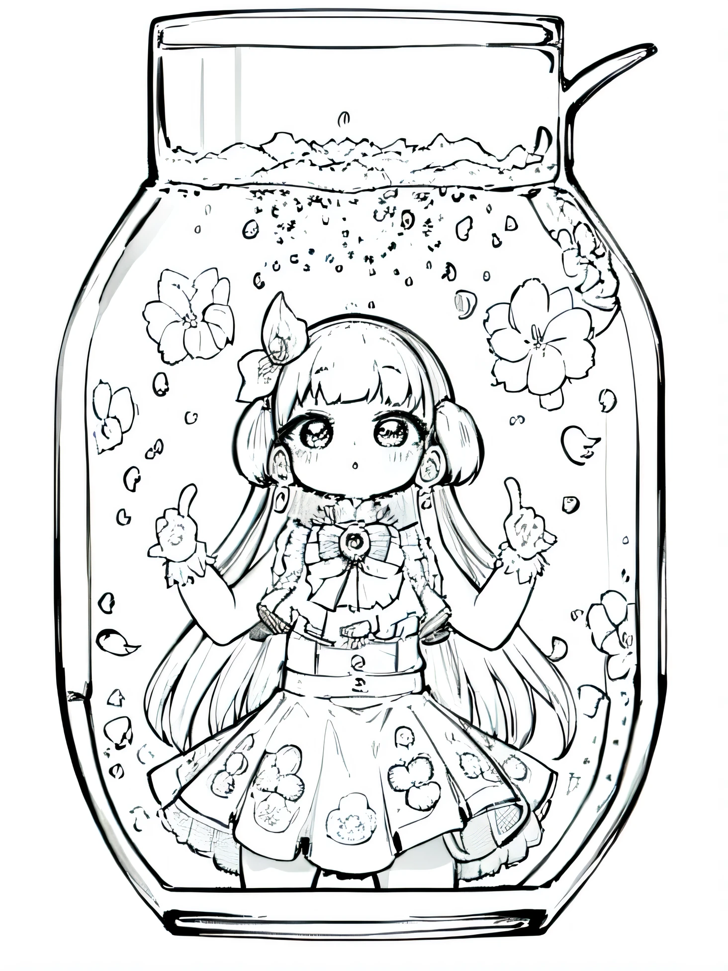 (best quality, high resolution, 8k, masterpiece: 1.2) demon, ultra detailed magical kawaii in a glass bottle, line art, clean sketch, white background, coloring page, summer anime, kawaii