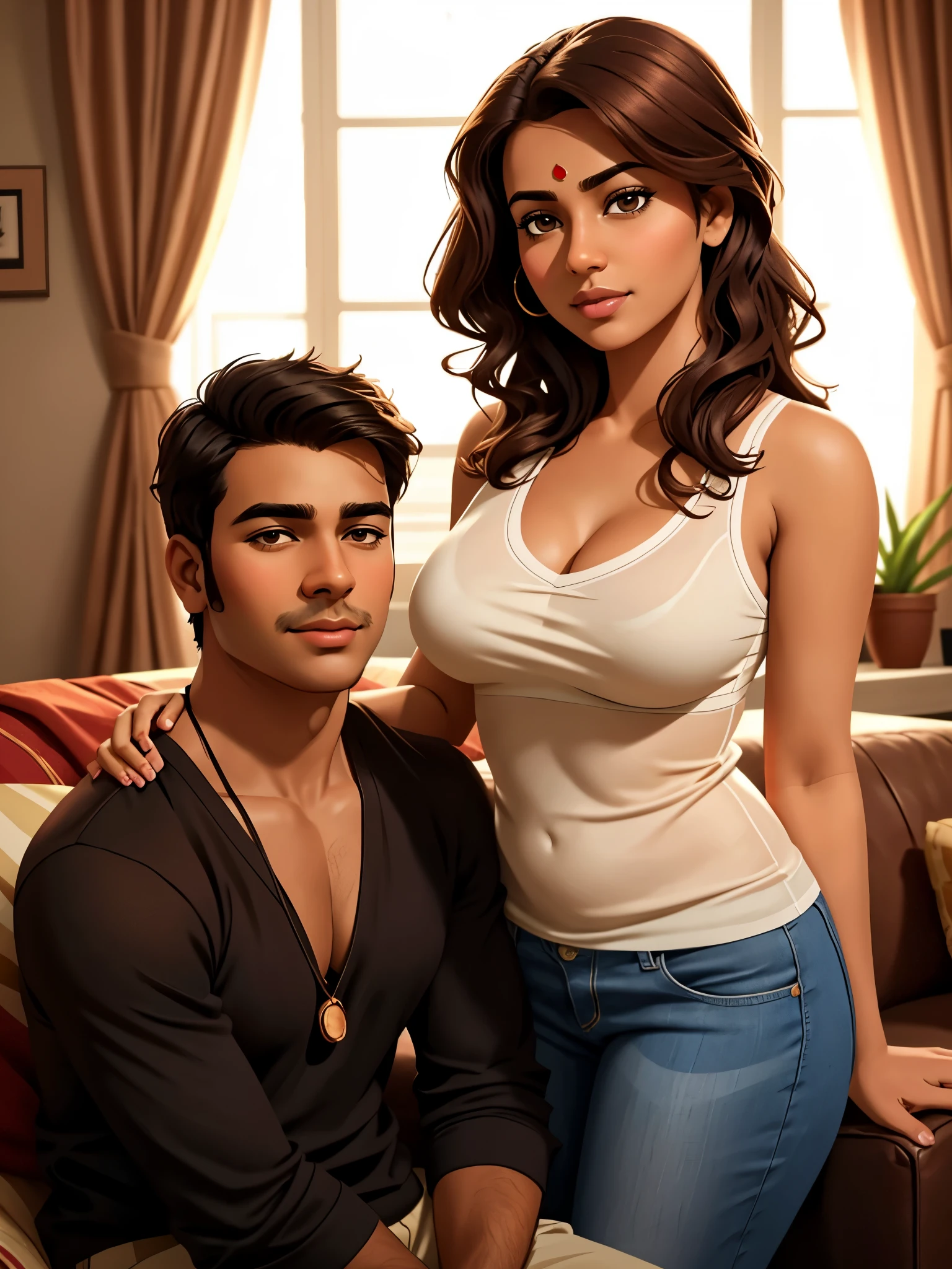 araffes a man and a woman posing for a picture in a living room, looks realistic, real life size, casually dressed, very very realistic, perfect likeness, super realistic, very realistic, really realistic, indian girl with brown skin, lovely couple, very very very realistic, casual pose, posing together in bra, 8 k sensual lighting, very attractive