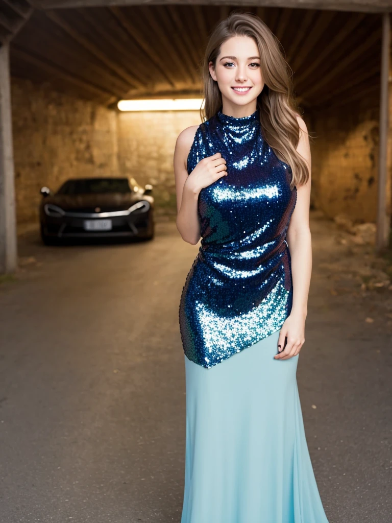 best quality, masterpiece, (full body shoot:1.1), (dark background garage:1.2), 1 european girl, standing, 25 years, medium long hair, beautiful face, looking at the camera, blue eyes, smiling, slim body, (light blue sequin dress:1.3), (large breasts:1.3), (biggest breasts:1.3), 