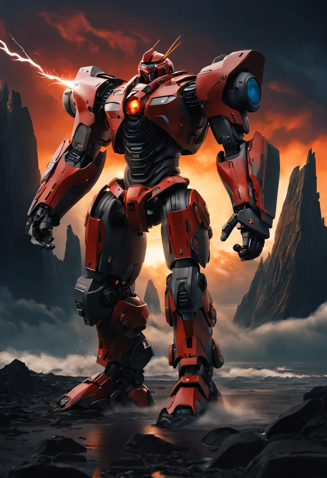 whole body, (中国of一名身穿机甲of战士 "storm red" shooting), (Wearing a zoom telescope on your head), Mecha Warrior is about 8 meters tall, 手里拿着巨大of. He was burly, and his whole body is made of dark gray superalloy 上面刻有复杂of线条和图案. （This mecha has three arms：1.3）, Each machine is equipped with titanium alloy hard rotating blades, 它是经过精心设计和制造of人造肌肉组织, 具有非凡of实力. Height about 8 meters，魁梧of体格. 它of整个机身由深灰色高温合金制成, 上面刻有复杂of线条和图案. 它of脚上装有耐化学腐蚀of装置, 它of腿后面有化学推进器,
futuristic future, Ice Age, of, nuclear, Orbiting, space, vein, hyper reality hyper reality,
破碎of金属, cyberpunk, atom punck, volcanic ash, realism, Sunset, Light, 逼真of照片, studio photography, human development report, 8k, personification, portrait, 史诗般ofLight, Light线追踪, Canon EOS 5D Mark III, 85mm, Volumetric Lighting, look up,
background：巨浪翻滚of大海，hurricane