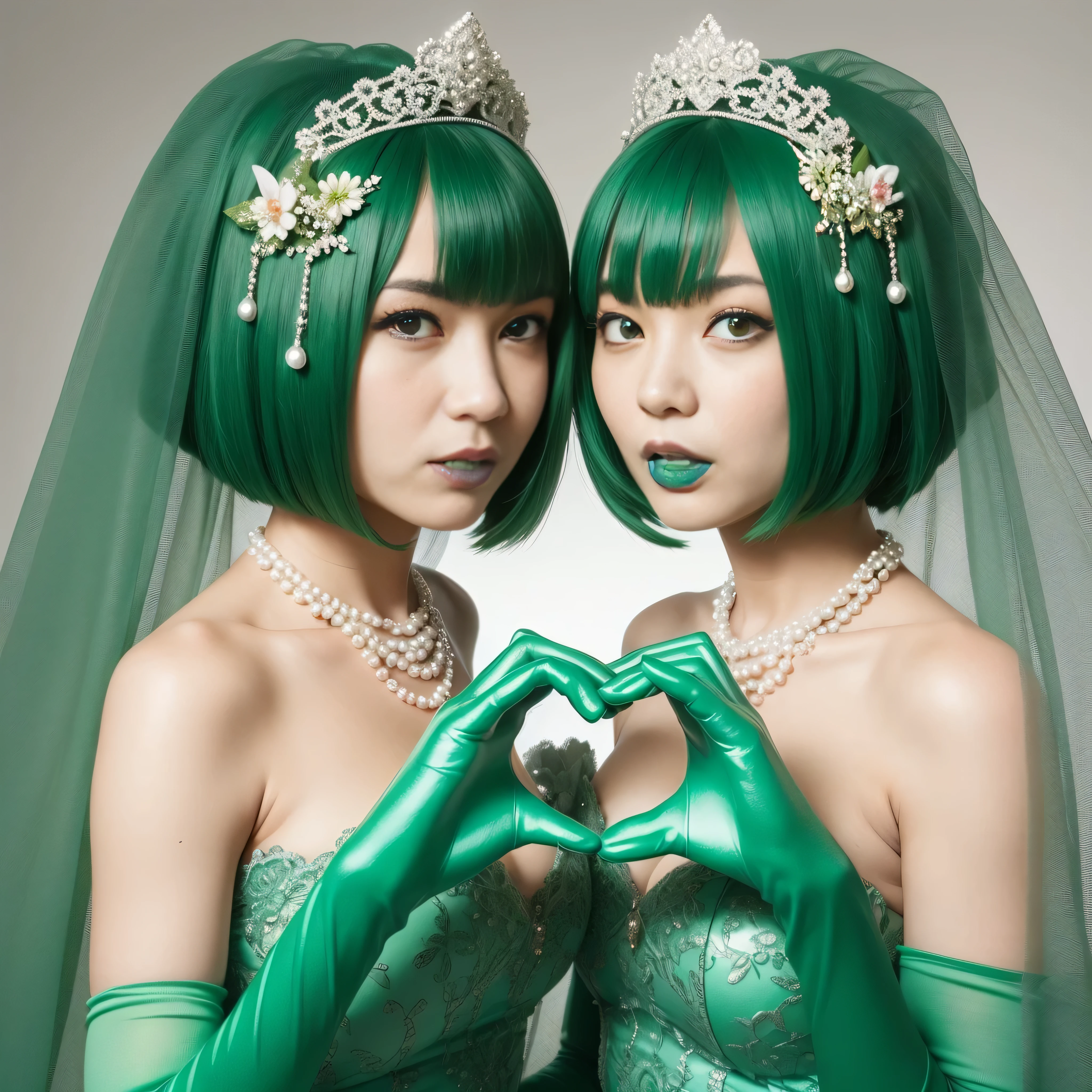 High resolution、Super detailed、(1 girl:1.3), 教会でkissをする二人の女性, Green Satin Long Gloves, Green Wedding Dresses, Green shorthair, lipstick, kiss, bride, green pearl necklace, ボーイッシュなGreen shorthair, lesbian、口から口にkiss, High quality film stills, Sexy lesbian couple make, Passionate, Green dress, Green Bridal Veil, green pearl necklace, heart with both hands, heart shaped hand, big breasts