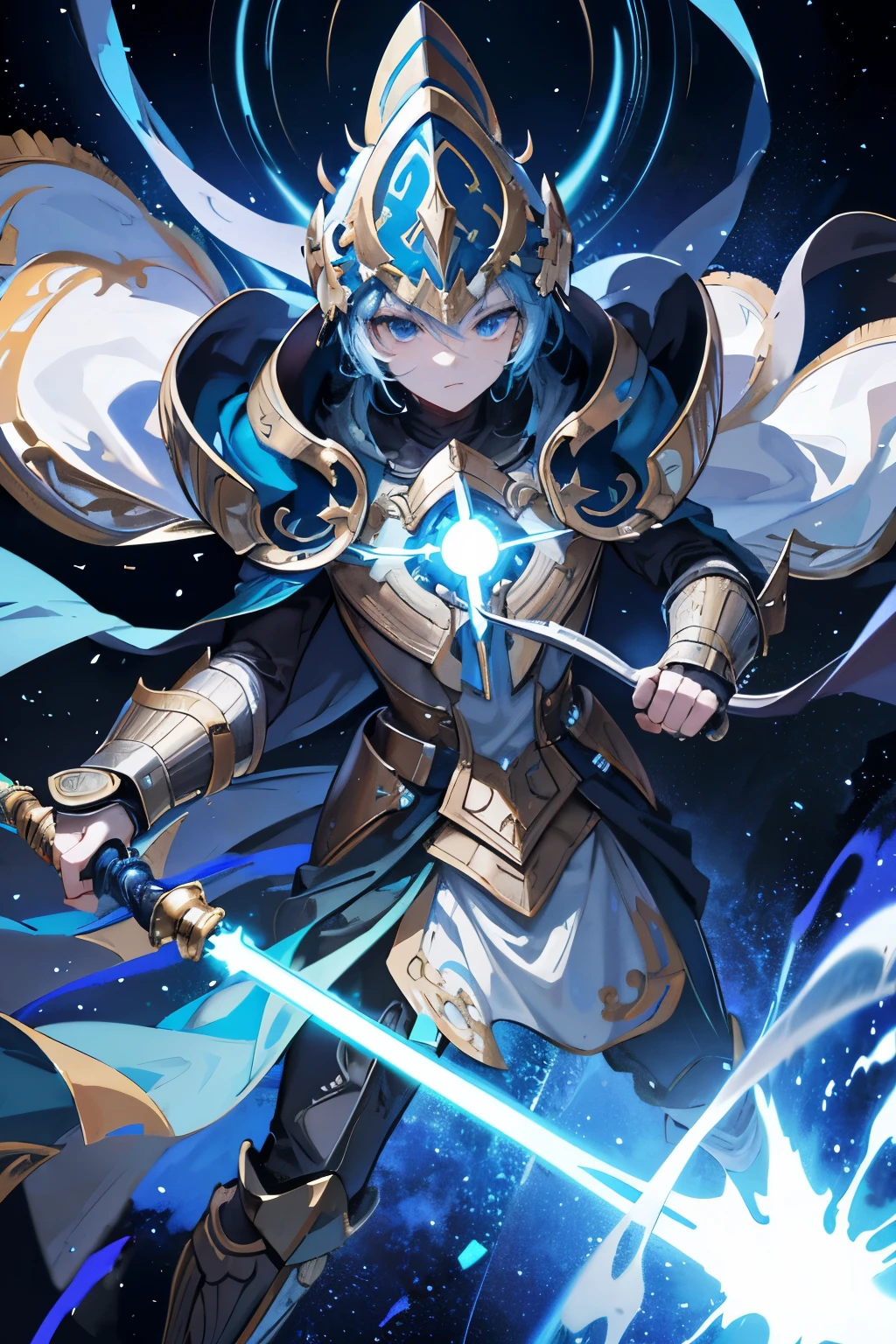 Masterpiece, best quality, 1 warrior, magical focus, solo, Star Wars-inspired, helmet, glowing emblem, chest plate, cloak, staff, swirling aura, mystical energy, serious expression, (battle scene background: 1.5), (S2: 0.7)
A magnificent artwork depicting a lone magical warrior, fully engaged in the heat of battle. The intricate details of his Star Wars-inspired armor gleam with a mystical energy, as his glowing emblem at the chest and the swirling aura around him capture the viewer's attention. The helmet on his head protects his focused expression, with serious