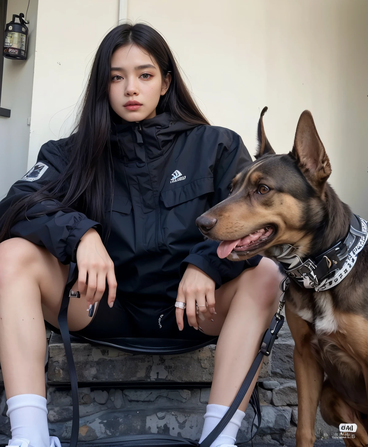 Araffe sentado em uma cadeira com um cachorro na coleira, she is wearing streetwear, mulheres techwear, wearing Japanese techwear, Techwear Look e Roupas, Bella Poarca, wearing space technological clothing, k9, vestindo roupas urbanas, moda techwear, fotografia de uma mulher techwear, com cachorros, jossi do blackpink