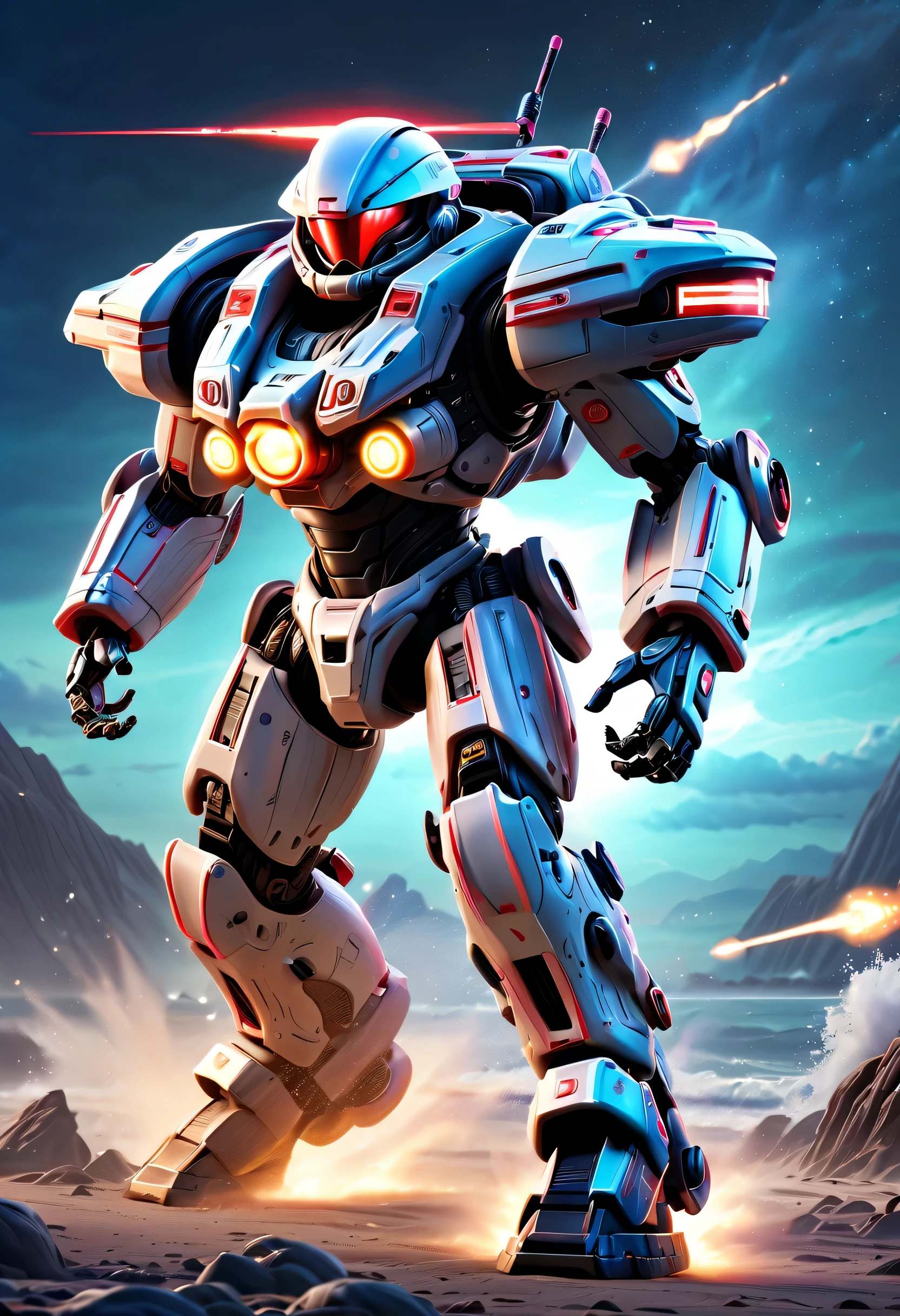 best quality,masterpiece:1.2,super detailed,lifelike:1.37,high tech,红色机甲机械warrior,warrior,running,Dodge,Handheld Gatling Launcher,Combat action,Luminous energy core,Chasing the exotic sea,Interstellar,flying saucer