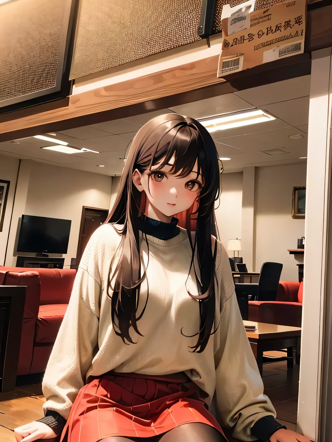 Araffe woman sitting on red sofa in room, Full length hair, brown long hair with bangs, long hair with bangs, have long hair, asian girl have long hair, Ulzzang, Long straight bang, Sakimi-chan, brown hair with bangs, Himecut, with bangs, have long hairสีเข้ม, Brown hair and bangs