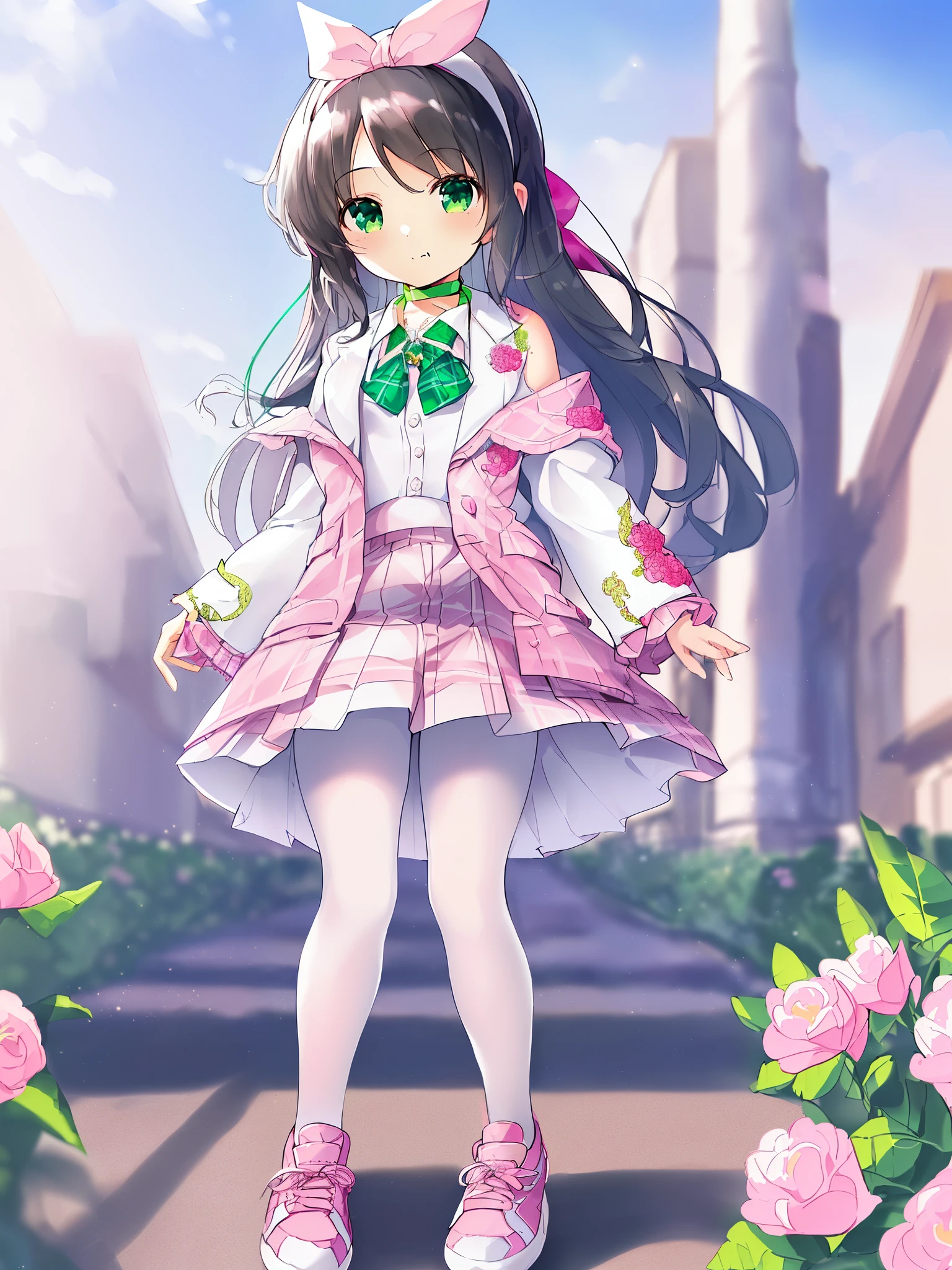 1 girl, solo, masterpiece, best quality, ultra resolution, ultra high details, 8k unity, (anatomically correct:1.3), (petite loli:1.5), (full body:1.2), (black hair:1.2), grey eyes, (hair below shoulder:1.3), (short bangs:1.5), high quality eyes, high quality hands, (white collared shirt:1.5), (pink suit jacket with embroidered flowers:1.5), (long sleeves:1.5), (frilled sleeves:1.2), (outfit open:1.6), (white plaid skirt:1.5), (wide hairband:1.3), (pink bow:1.5), (white pantyhose:1.3), (white pink sports shoes:1.3), (green choker:1.6), (urban lane:1.3), (sunny sky:1.2), high quality background, detailed background