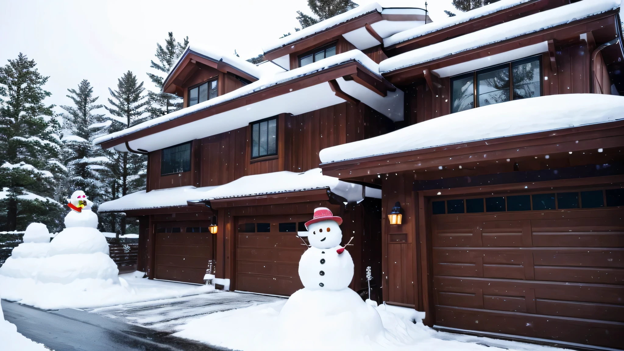 正面にsnowmanを飾ったアメリカンな平屋の青い家があります, Front view view, Artisan house, 3/4 profile, facing the front, Passive House, front profile, lisa christina, Front view, exterior wide shot, Front view, 3/4 Front view, detailed pictures, wide angle exterior 2022, positive,snow scene,snowman,chimney,built-in garage,There&#39;garage sa z34