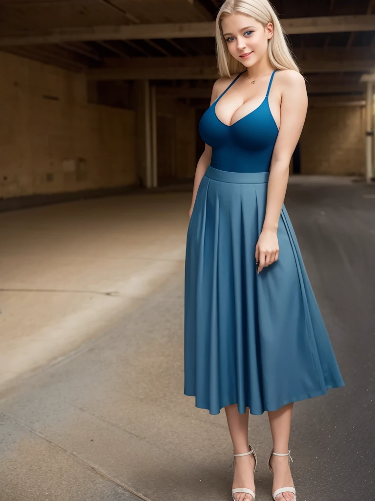 best quality, masterpiece, (full body shoot:1.1), (dark background garage:1.2), 1 european girl, standing, 25 years, medium blonde hair, beautiful face, looking at the camera, blue eyes, smiling, slim body, (dark blue bra:1.3), (large breasts:1.3), (biggest breasts:1.3), (light blue skirt:1.3),
