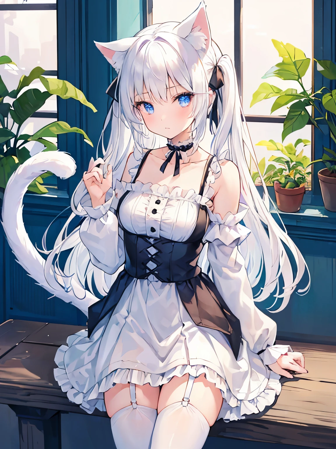 masterpiece, {{{{Highest quality}}}}, beautiful,1 girl, White_hair, cat ears(White), cat tail(White), frilled choker、miniskirt_dress, bare_shoulders, garter belt,garter straps