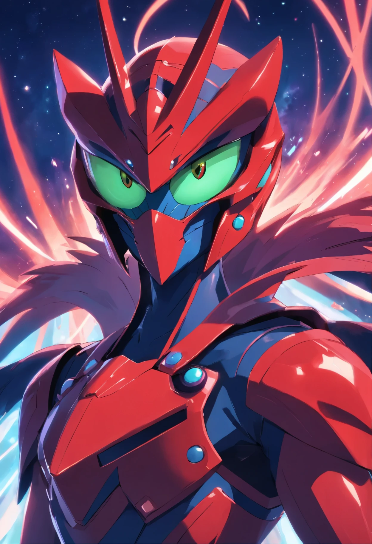 Description: General Zorak is an imposing villain with black and red armor, destacando sua autoridade. His eyes sparkle with ambition. Na imagem, He has a defiant expression, surrounded by his intergalactic army.