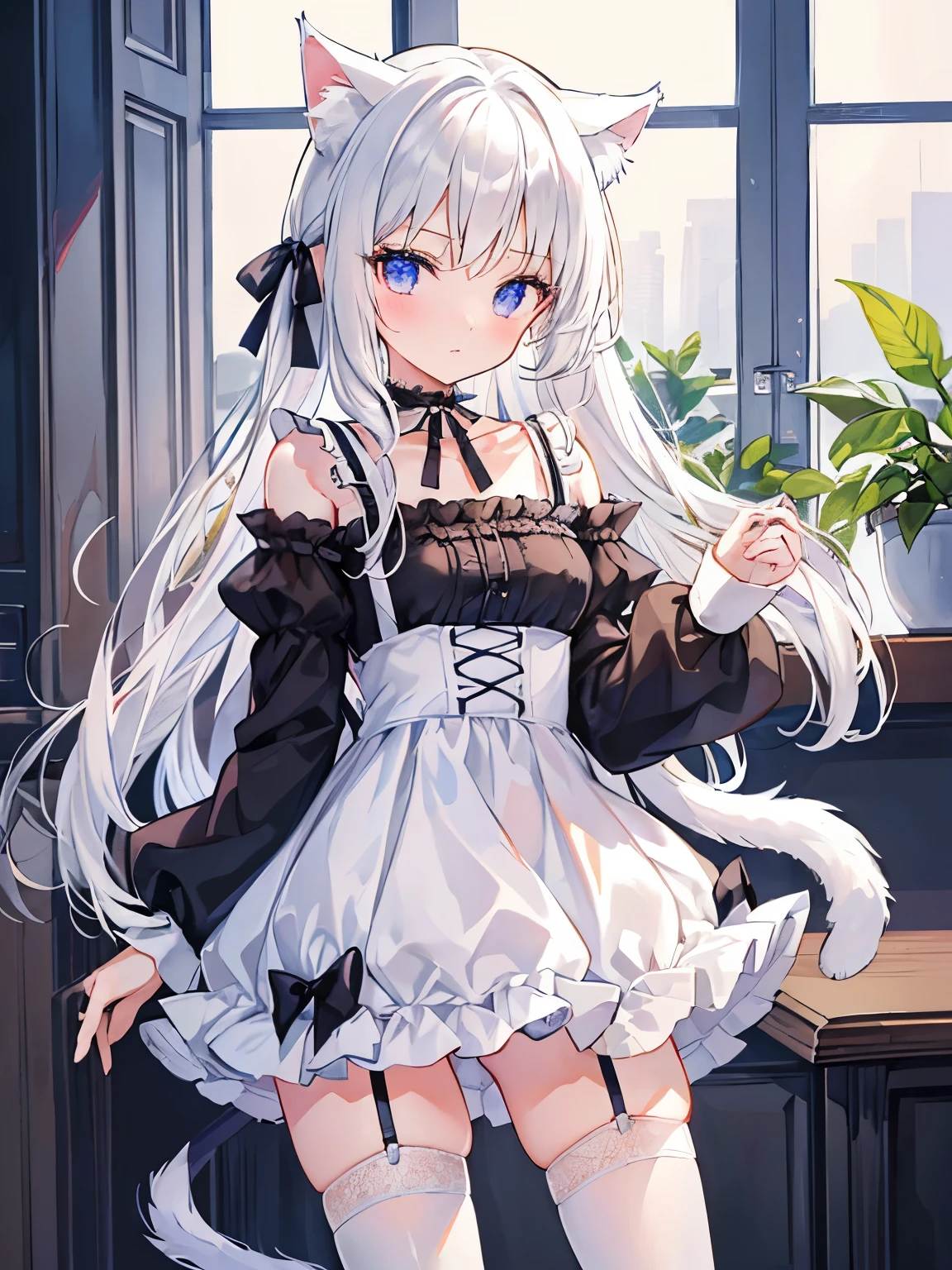 masterpiece, {{{{Highest quality}}}}, beautiful,1 girl, White_hair, cat ears(White), cat tail(White), frilled choker、miniskirt_dress, bare_shoulders, masterpiece, {{{{Highest quality}}}}, beautiful,1 girl, White_hair, cat ears(White), cat tail(White), frilled choker、miniskirt_dress, bare_shoulders, garter belt, garter straps, garter belt,garter straps