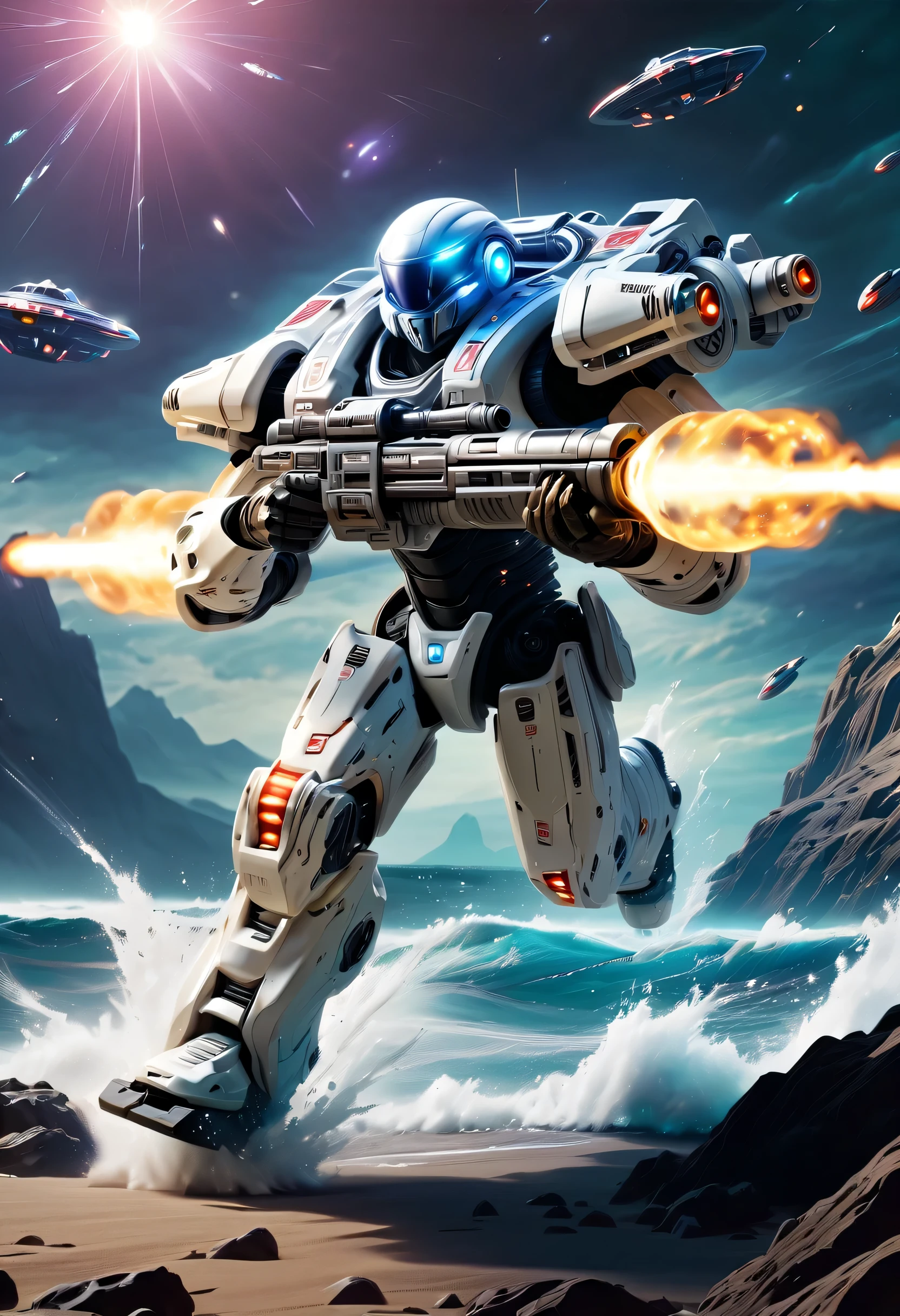 best quality,masterpiece:1.2,super detailed,lifelike:1.37,high tech,白色机甲机械warrior,warrior,running,Dodge,Handheld Gatling Launcher,Combat action,Luminous energy core,Chasing the exotic sea,Interstellar,flying saucer
