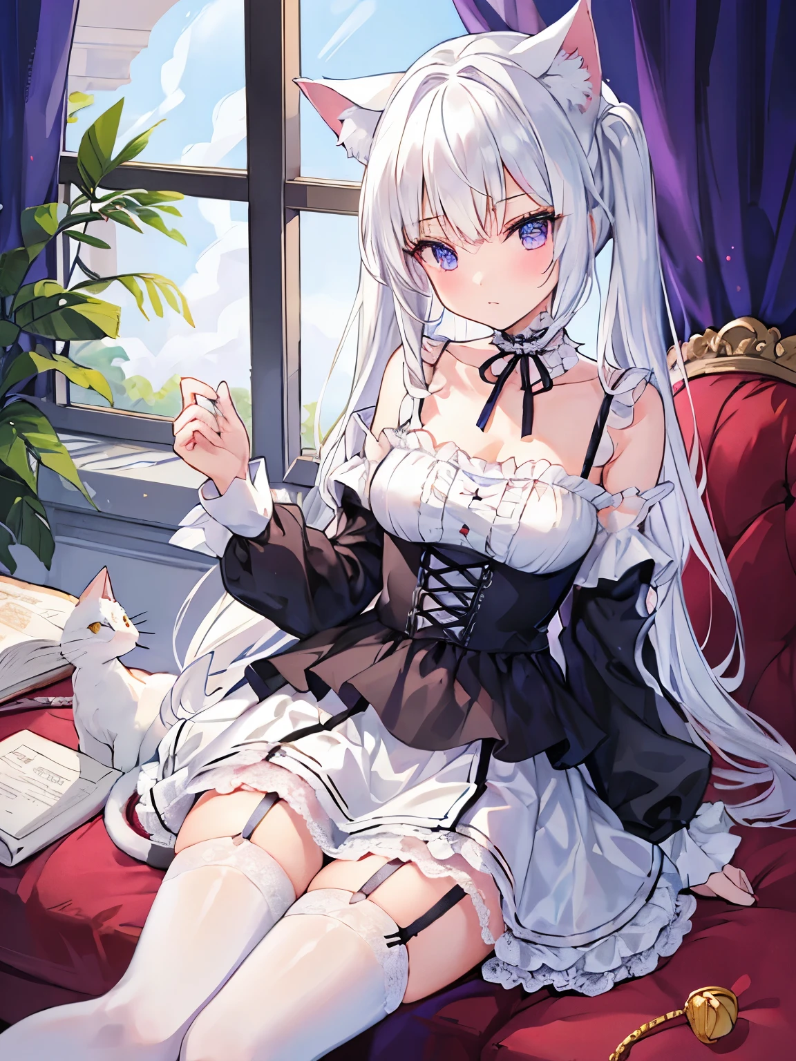 ((best quality)), ((masterpiece)), (detailed), ((highres)), In lavish manor library, laying on back, holing legs up, extremely long curly white pig tails. Fluffy white cat ears. Long white cat tail on butt, 1catgirl, 20 year old, Curvy body, shy, timid, scared, nervous, Blushing. Lewd, naked. Heterochromatic eyes, one teal eye, one purple eye. No shoes, black ripped thigh high leggings with pink pawpads on bottom,