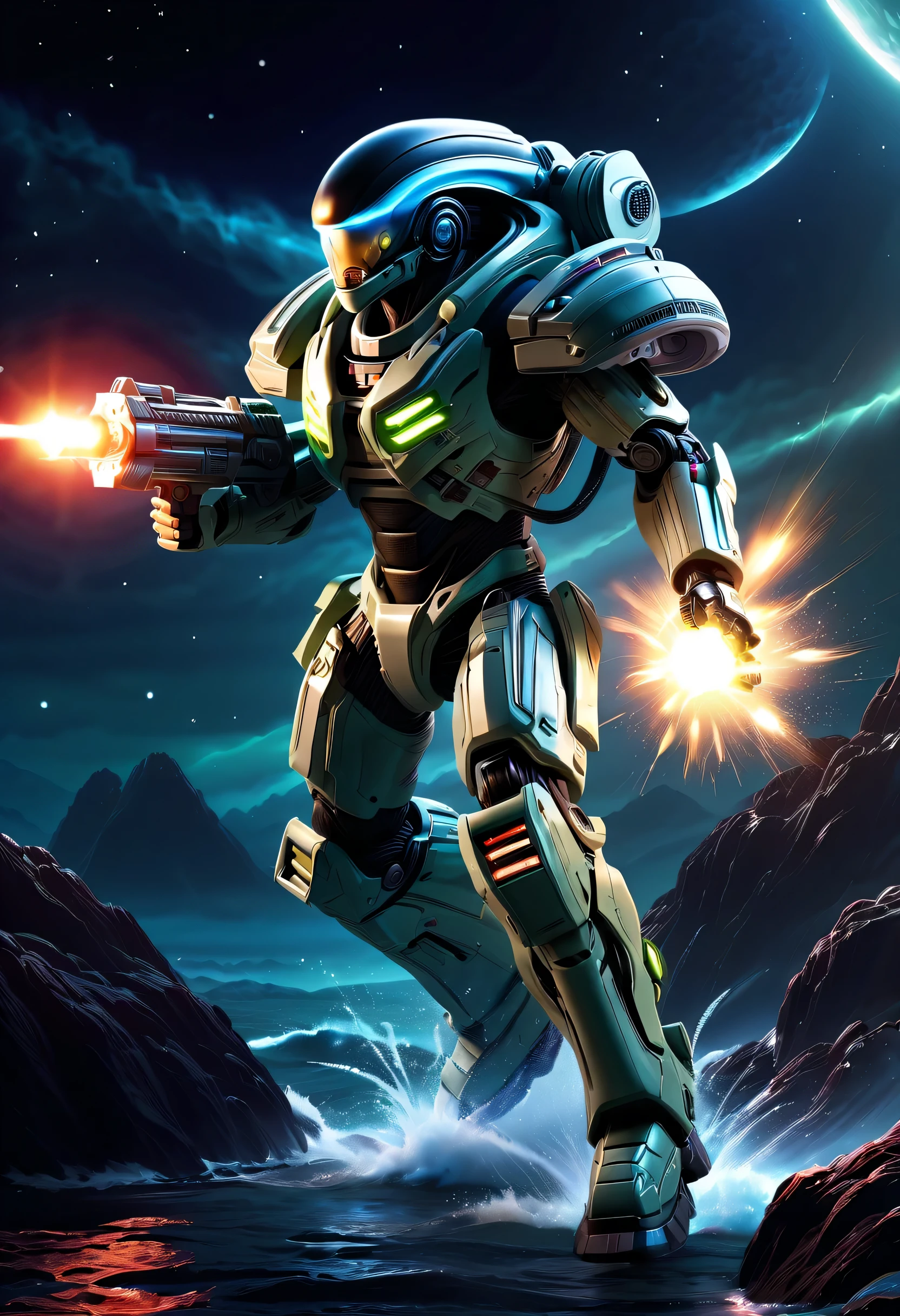 best quality,masterpiece:1.uper detailed,lifelike:1.37,high tech,红色机甲机械warrior与飞机作战,warrior,running,Dodge,Handheld Gatling Launcher,Combat action,Luminous energy core,Chasing the exotic sea,Interstellar,flying saucer