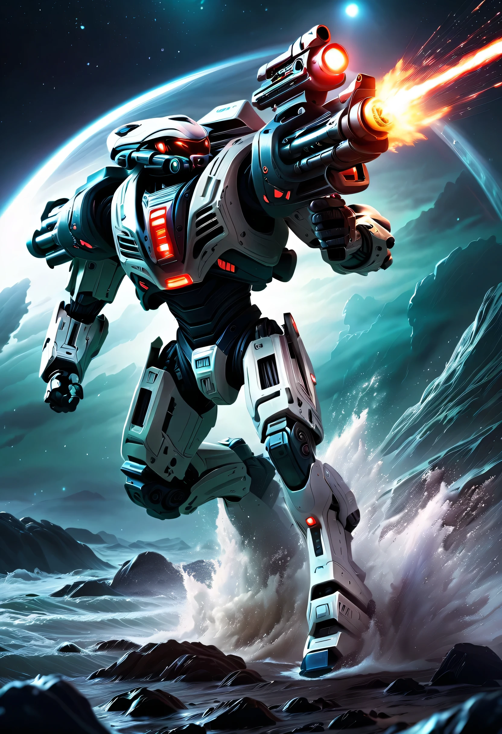 best quality，masterpiece：1.2，super detailed，lifelike：1.37，high tech，白色机甲机械warrior，warrior，running，Dodge，Handheld Gatling Launcher，Combat action，Luminous energy core，Chasing the exotic sea，Interstellar，flying saucer