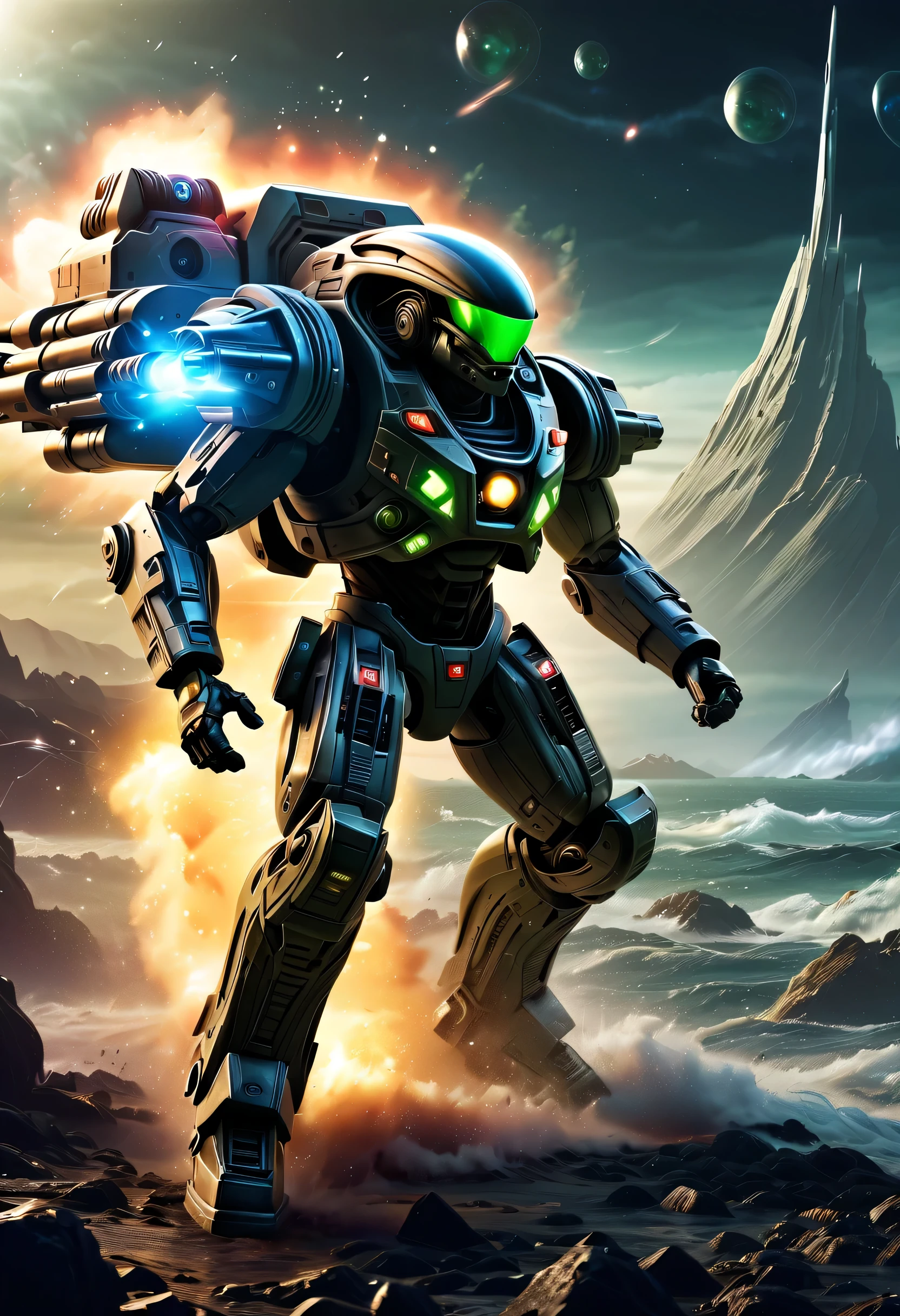 best quality,masterpiece:1.2,super detailed,lifelike:1.37,high tech,红色机甲机械warrior与飞机作战,warrior,running,Dodge,Handheld Gatling Launcher,Combat action,Luminous energy core,Chasing the exotic sea,Interstellar,flying saucer