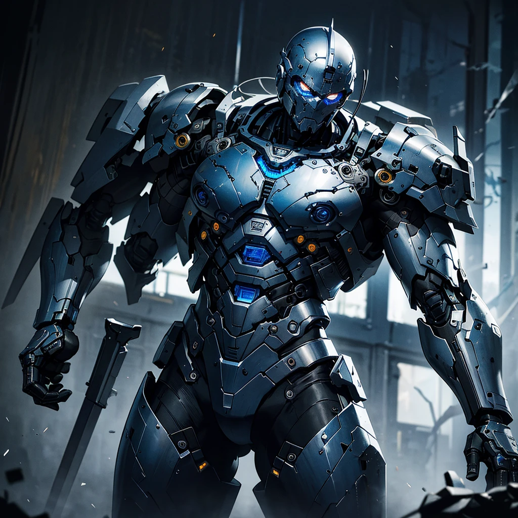 silver black blue tone,true，glowing，Realistic cool hip hop style，A man covered in machines，half face machine，Holding sword and gun，Mechanical Warrior，Extremely intricate details，best quality，masterpiece