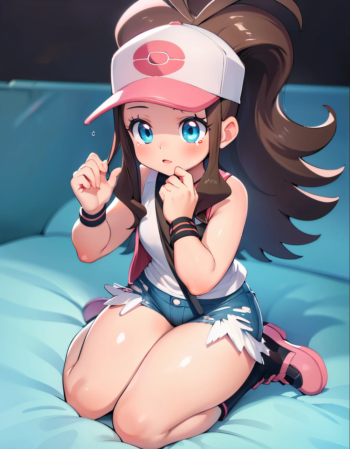 (best quality,4k,ultra-detailed,highres:1.2),photorealistic, Hilda Pokemon, def1, full body, curvy body, beautiful detailed eyes, beautiful detailed lips, longeyelashes, visible thighs, thick thighs, wiping her tears, looking at the camera, torn clothes, vivid colors, concept artists style, soft light, vibrant colors, dusty pink color tone