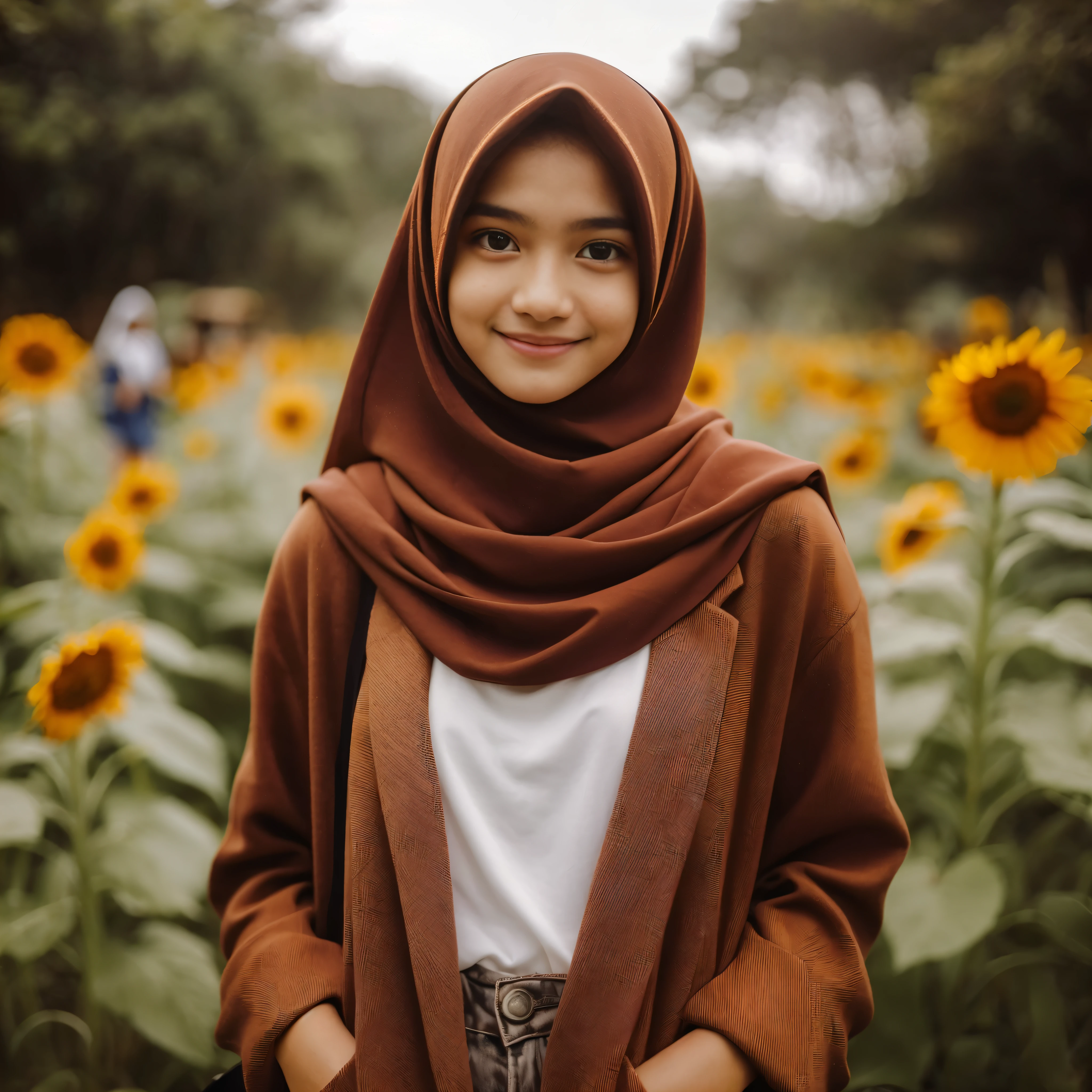 masterpiece of a 15 year old girl (Indonesia), wearing a brown hijab, wearing a white t-shirt combined with a brown blazer, smiling, during the day, sitting on a white sand beach, in focus, taken with a Sony A7 mark V camera, 35mm fixed lens, f /1.8 ISO 300, bright lighting, realistic, shooting photos