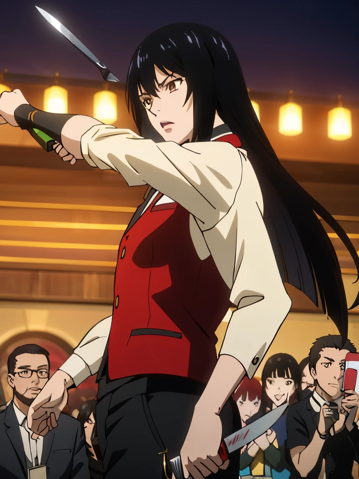 yumeko him with a vest looking fierce outside in a fight with a knife and a big crowd watching him