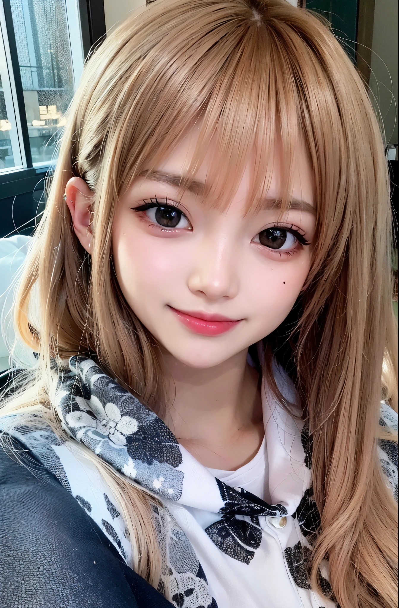 ((night、real light、highest quality、8K image、masterpiece:1.3))、非常にdetailed eyes、highly detailed face、Highly detailed skin texture、(Beautiful girl with normal body type:1.2)、(beautiful hair of light brown color:1.3)、full body image、Muffler on the neck、warm winter clothes、sexy、gal、tie hair with ribbon、look at the viewer、blush cheeks、super detailed face、detailed eyes、Happiness、A big smile、Hotel room、indirect lighting、Bedroom、night景、watching from behind、Soft sofa