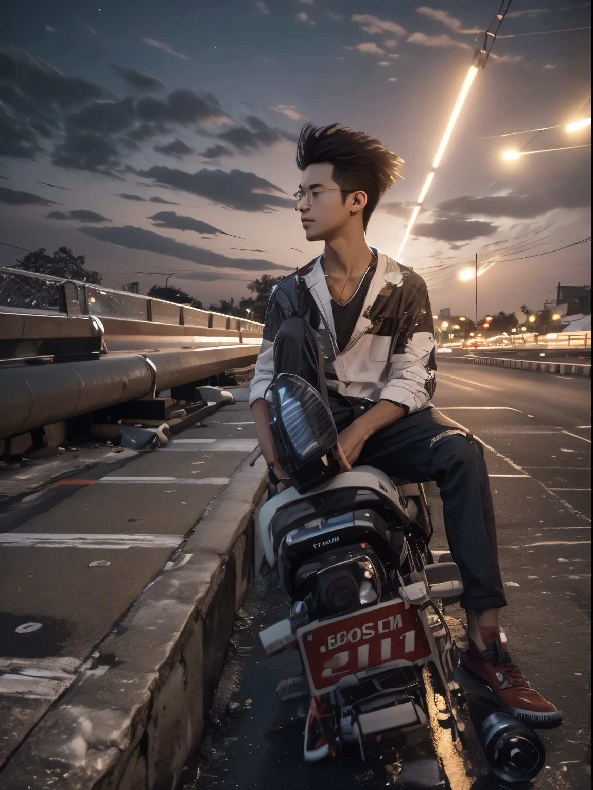 RAW photo, a portrait photo of 21 y.o man in casual clothes, night, city street, (high detailed skin:1.2), 8k uhd, dslr, soft lighting, high quality, film grain, Fujifilm XT3