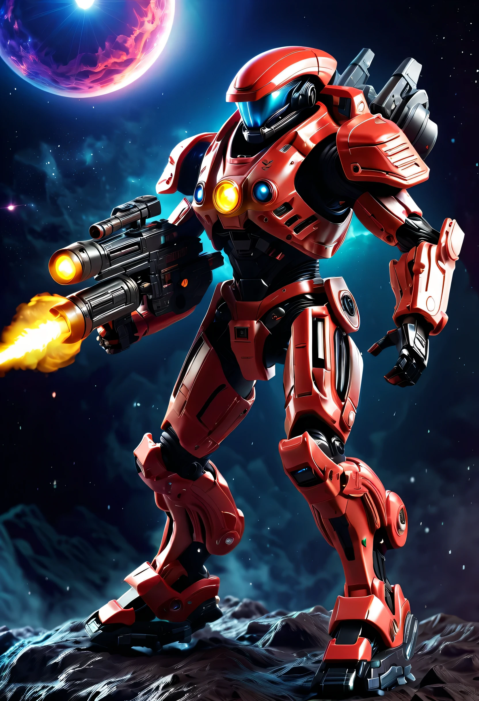 best quality,masterpiece:1.2,super detailed,lifelike:1.37,high tech,红色机甲机械warrior与飞机作战,warrior,running,Dodge,Handheld Gatling Launcher,Combat action,Luminous energy core,Chasing the exotic sea,Interstellar,flying saucer