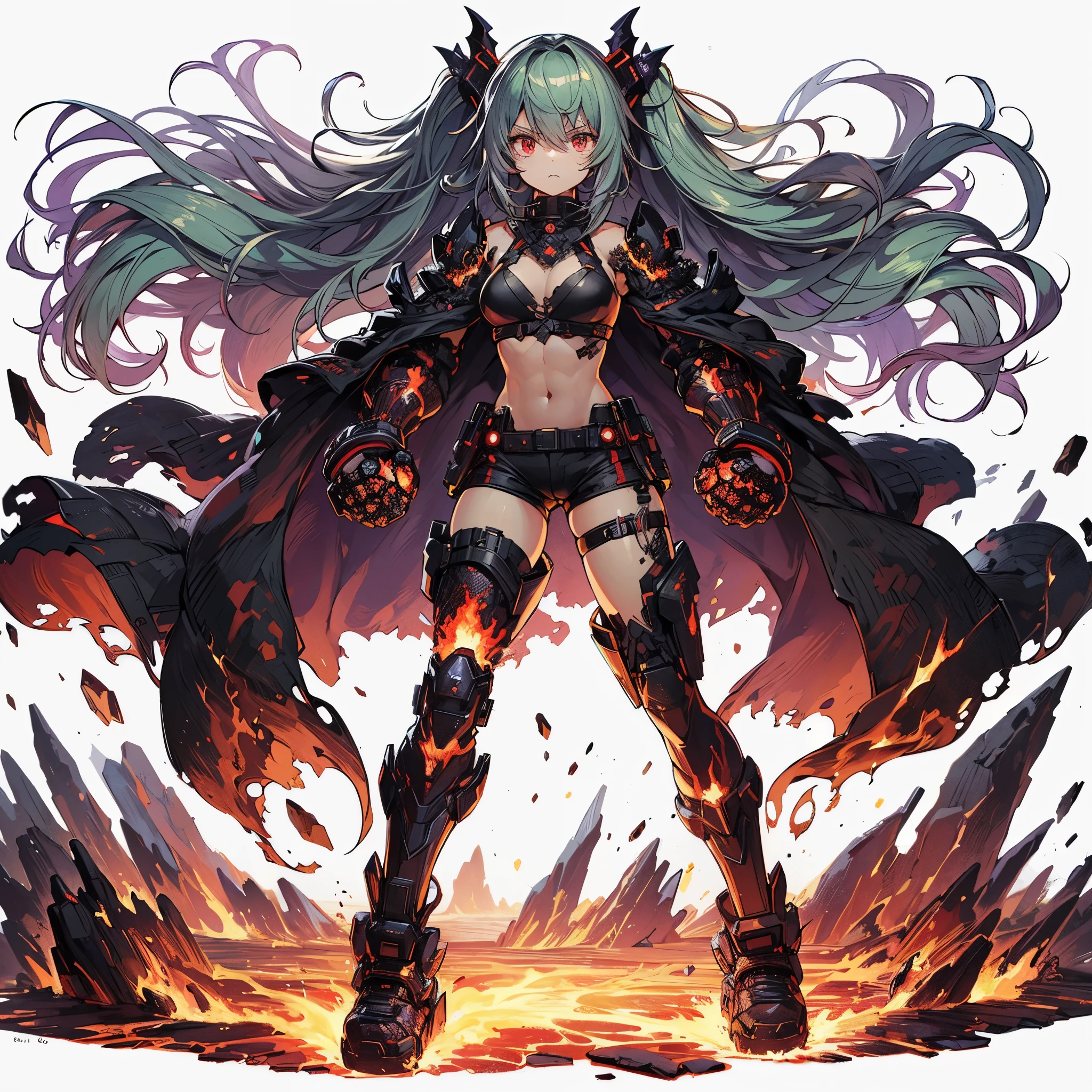 (masterpiece, Best Quality), (Perfect athlete body:1.2), (detailed hairs), Ultra-detailed, Anime style, Full body, cyberpunk grappler girl, burnt black color, BIGGEST grappler arm, BIGGEST walker foot, ((black and purple fists of flame)), sea green hair and red eyes, wearing raged cape and shorts. heavy on details, standing in magma, 8k high resolution, white background, whole-body, full-length view, fighting pose, looking front,