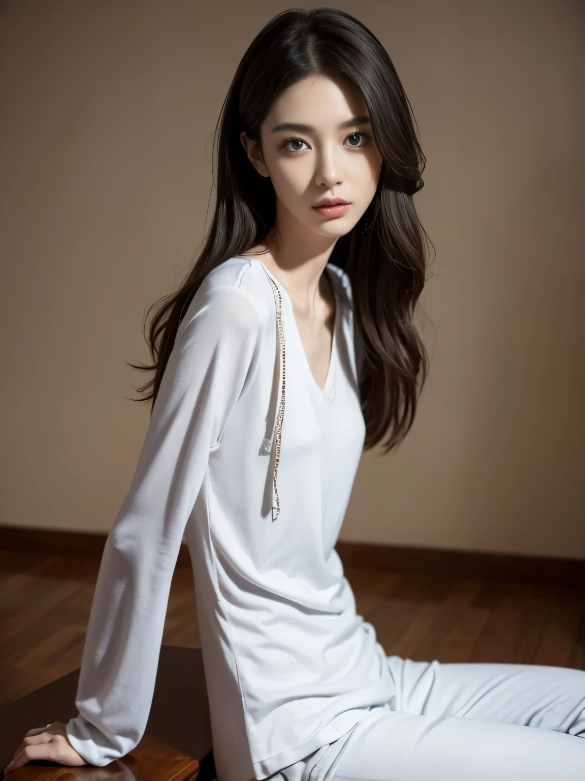 (Photorealistic),(Masterpiece),(ultra-detailed),a tall very beautiful and extremely thin girl who is literally just skin and bones because of being severely malnourished and looks so fragile and delicate and has big eyes and very small head, can see all her bones,sitting on a chair,she has very small and thin body frame and legs,wearing loose long sleeved pajamas and pants,extremely thin build,hands on stomach because of being so hungry