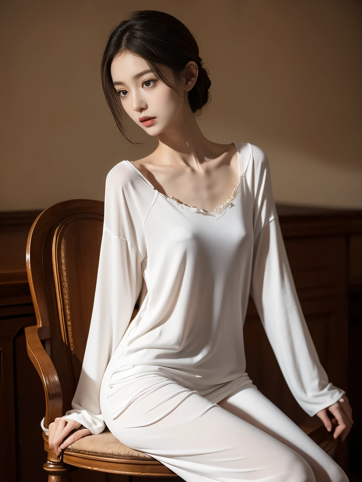 (Photorealistic),(Masterpiece),(ultra-detailed),a tall very beautiful and extremely thin girl who is literally just skin and bones because of being severely malnourished and looks so fragile and delicate and has big eyes and very small head, can see all her bones,sitting on a chair,she has very small and thin body frame and legs,extremely slim build, wearing loose long sleeved nightgown