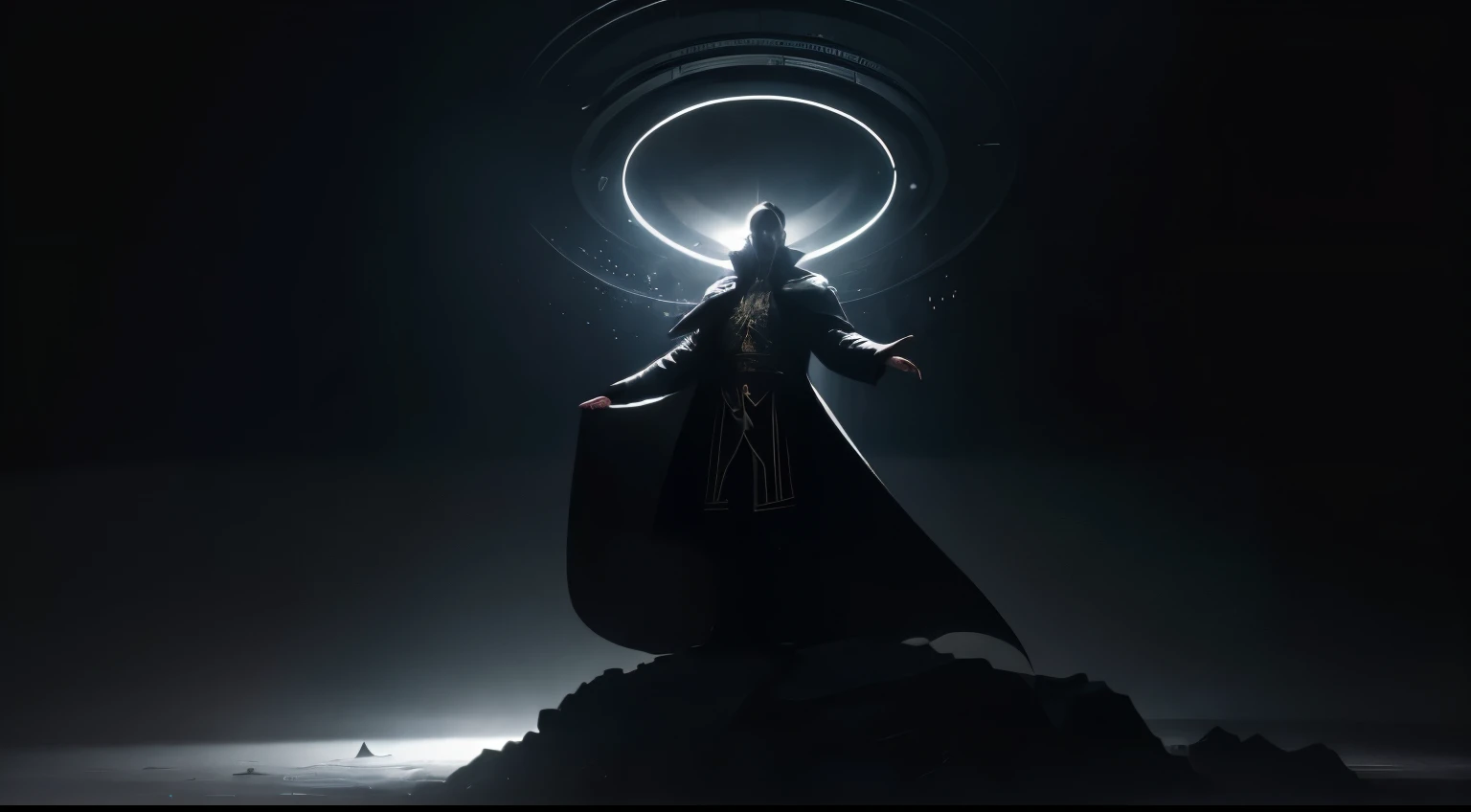 Man on his back surrounded by a cosmic halo while wearing a futuristic overcoat, pose triunfante visto de baixo para cima, divine superior being with angelic halo on smoky background, especially with mysterious symbols, estilo cyberpunk em uma floresta sombria medieval, Foto realista, 8k, 4k, extreme resolution, ultra high resolution, dynamic lighting, conquistador de mundos sobre uma pilha de morte