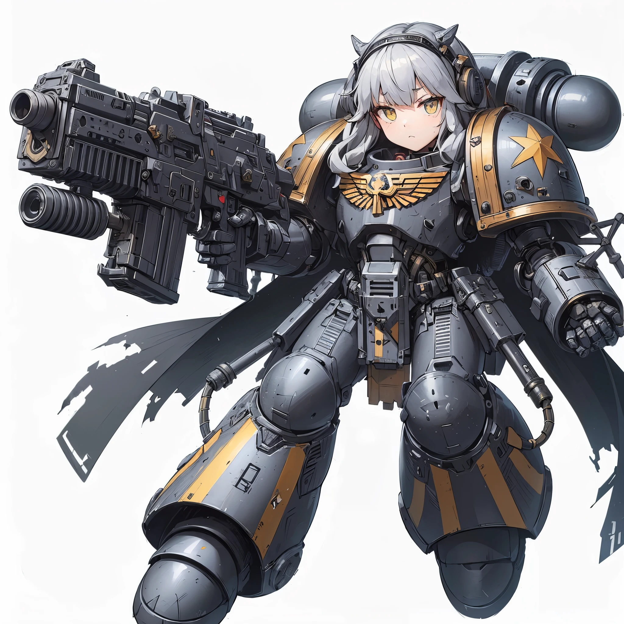 Masterpiece, best quality, ultra-detailed, anime style, full body of space marine girl, gray steel-colored and yellow stripes power armor, Mechanized limbs, held heavy high-tech gun, wearing raised boots, gunner, commando, ((Eight-pointed star symbol)), Warhammer 40K, 8k high resolution, trending art station, white background, whole body,
