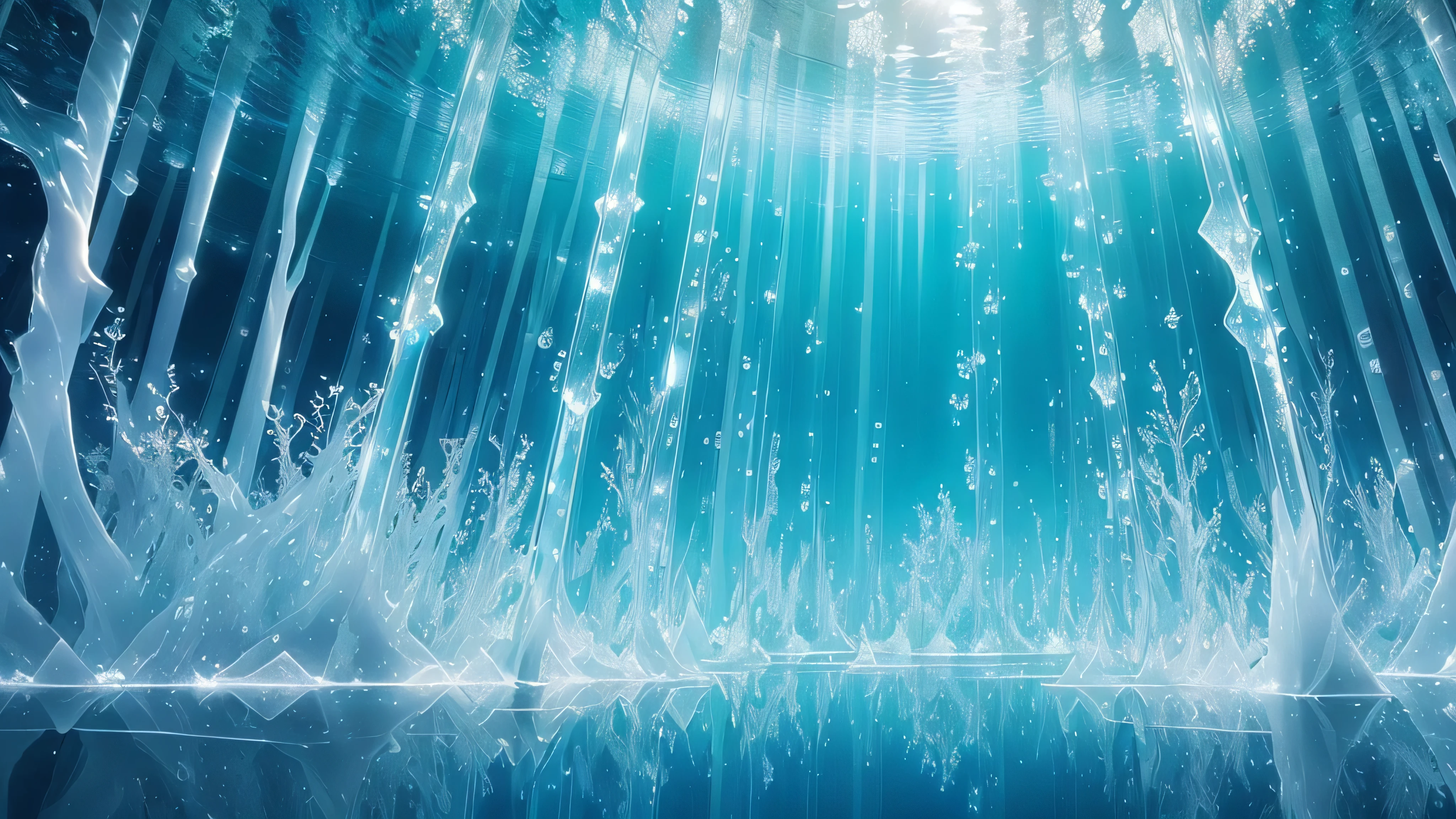 ((In the water，Light blue-white tones))，Extremely spectacular、Stunning visual scenes，Many transparent glowing crystal trees，transparent reflective lake，Fresh and healing wind，Special fog effect halo，masterpiece，top quality，Highly intricate and exquisite details，cosmic energy，sense of space and time，Small waves, ripple, water drop splash，fantasy surreal