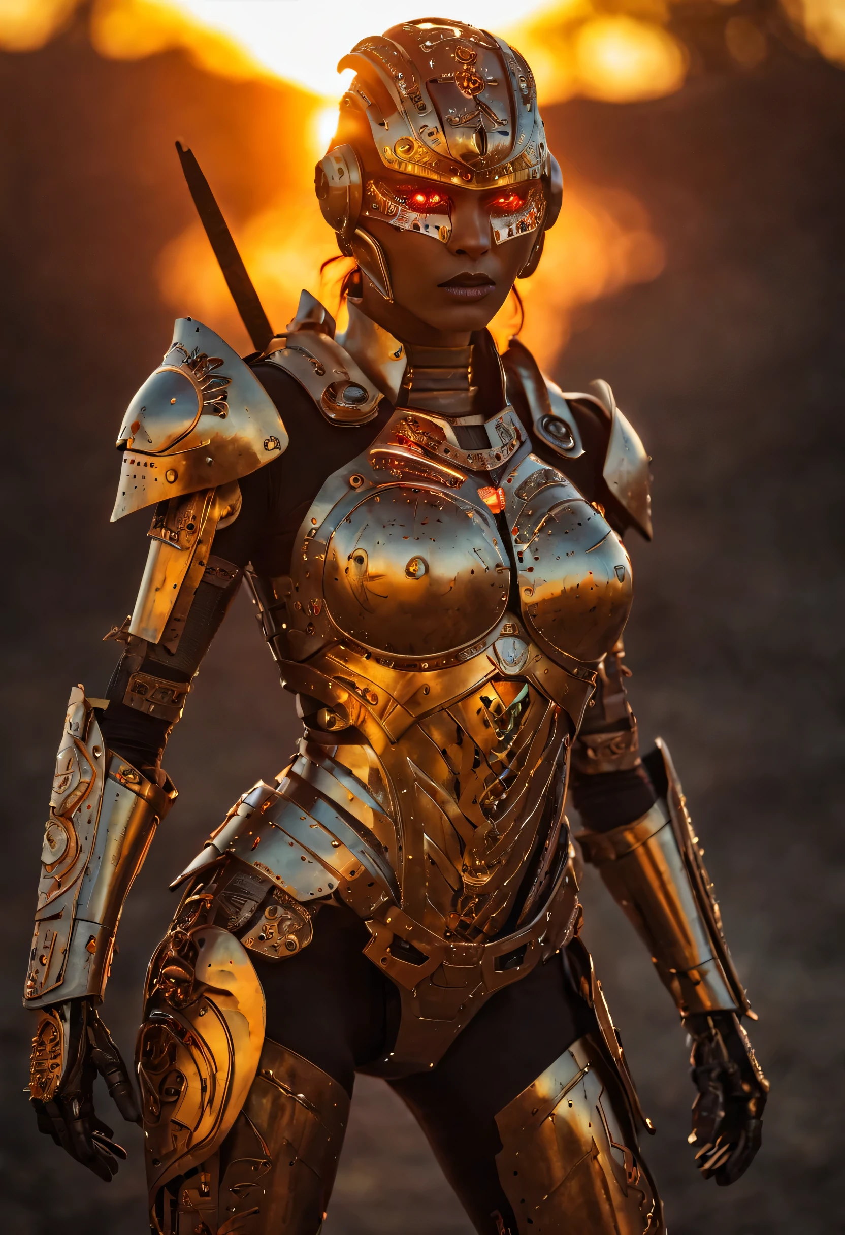 Mechanical Amazon warrior, android body, surrounded by the glowing embers of a dying sun, wears an intricate, android cybperpuunl themed suit of armor, her glass eyes reflecting the last remnants of the day.