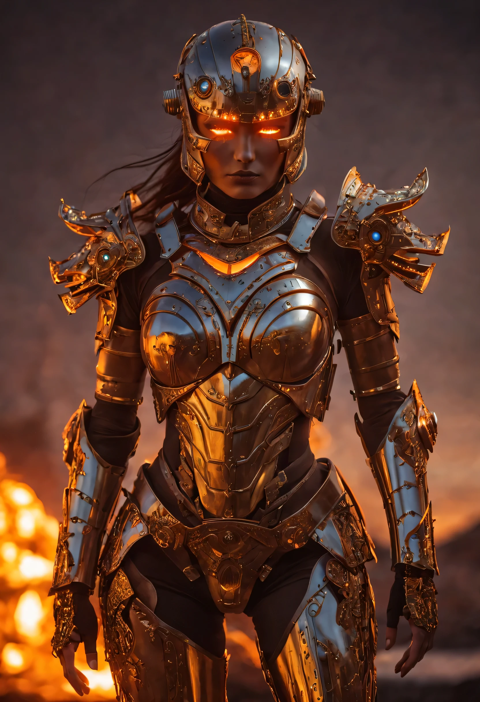 (Mechanical Amazon warrior), cyborg body, surrounded by the glowing embers of a dying sun, wears an intricate, android cyberpunk themed suit of armor, her glass eyes reflecting the last remnants of the day, high details, high quality, highres, 16k, masterpiece