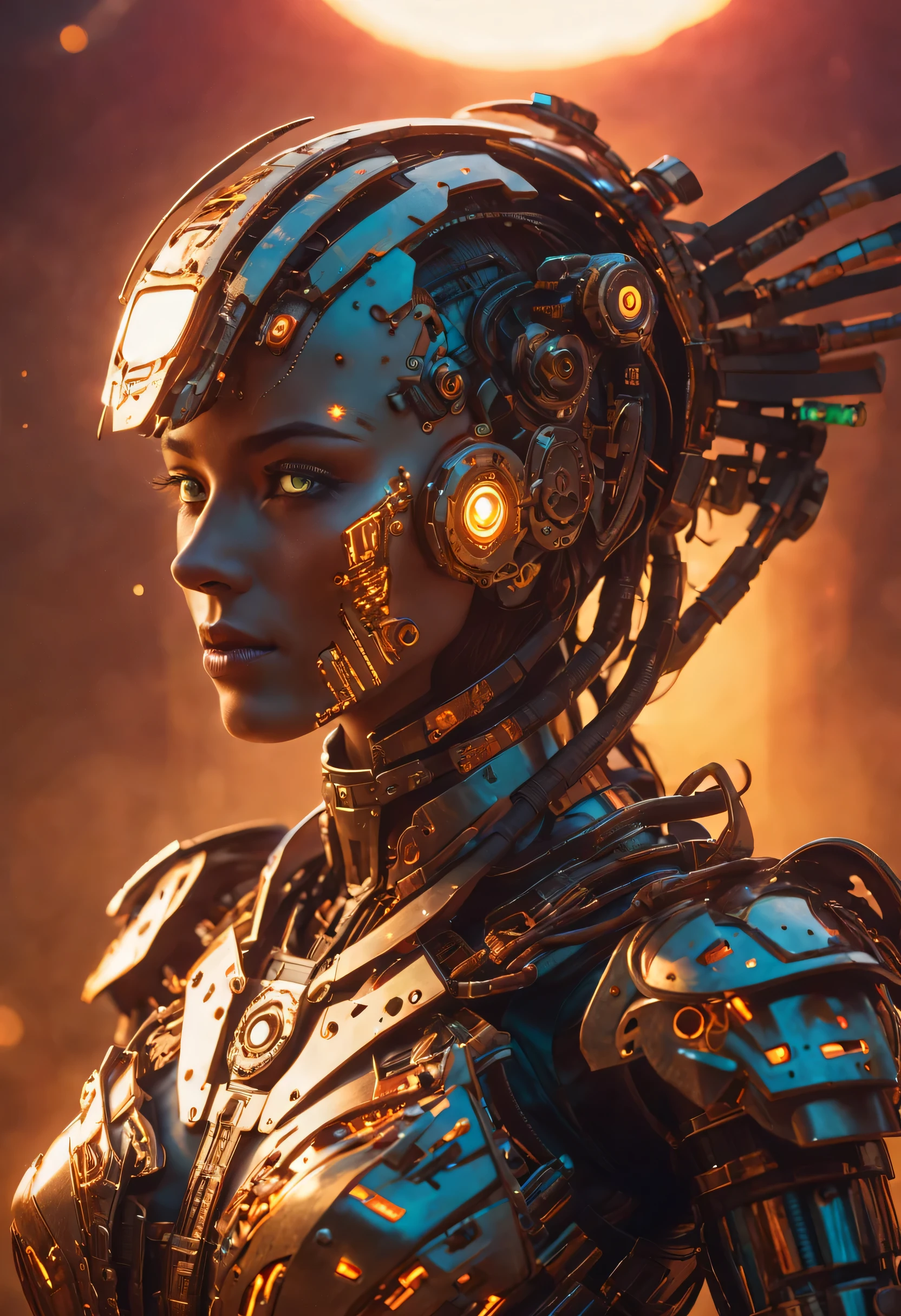 (Mechanical Amazon warrior), cyborg body, surrounded by the glowing embers of a dying sun, wears an intricate, android cyberpunk themed suit of armor, her glass eyes reflecting the last remnants of the day, high details, high quality, highres, 16k, masterpiece